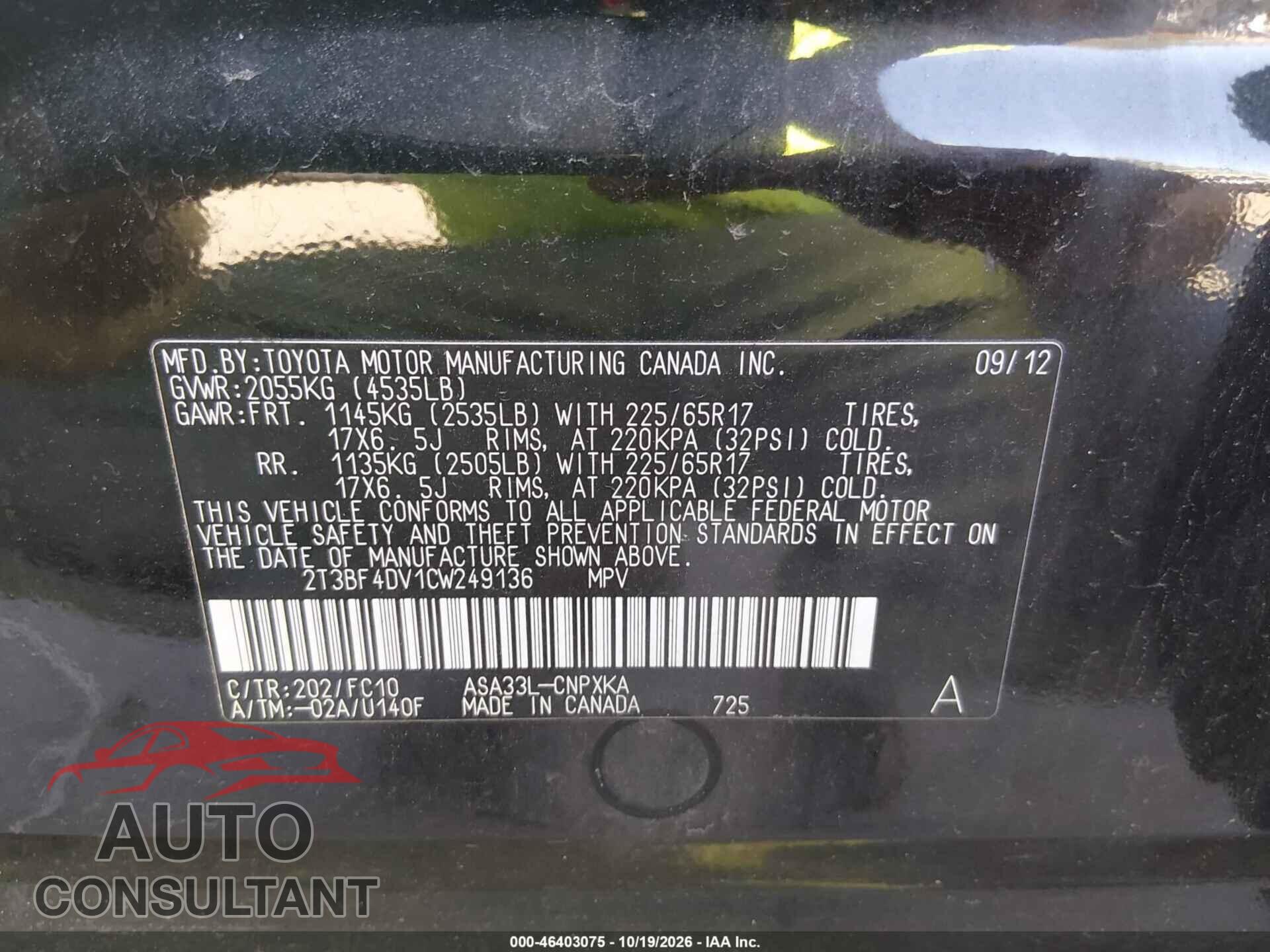 TOYOTA RAV4 2012 - 2T3BF4DV1CW249136