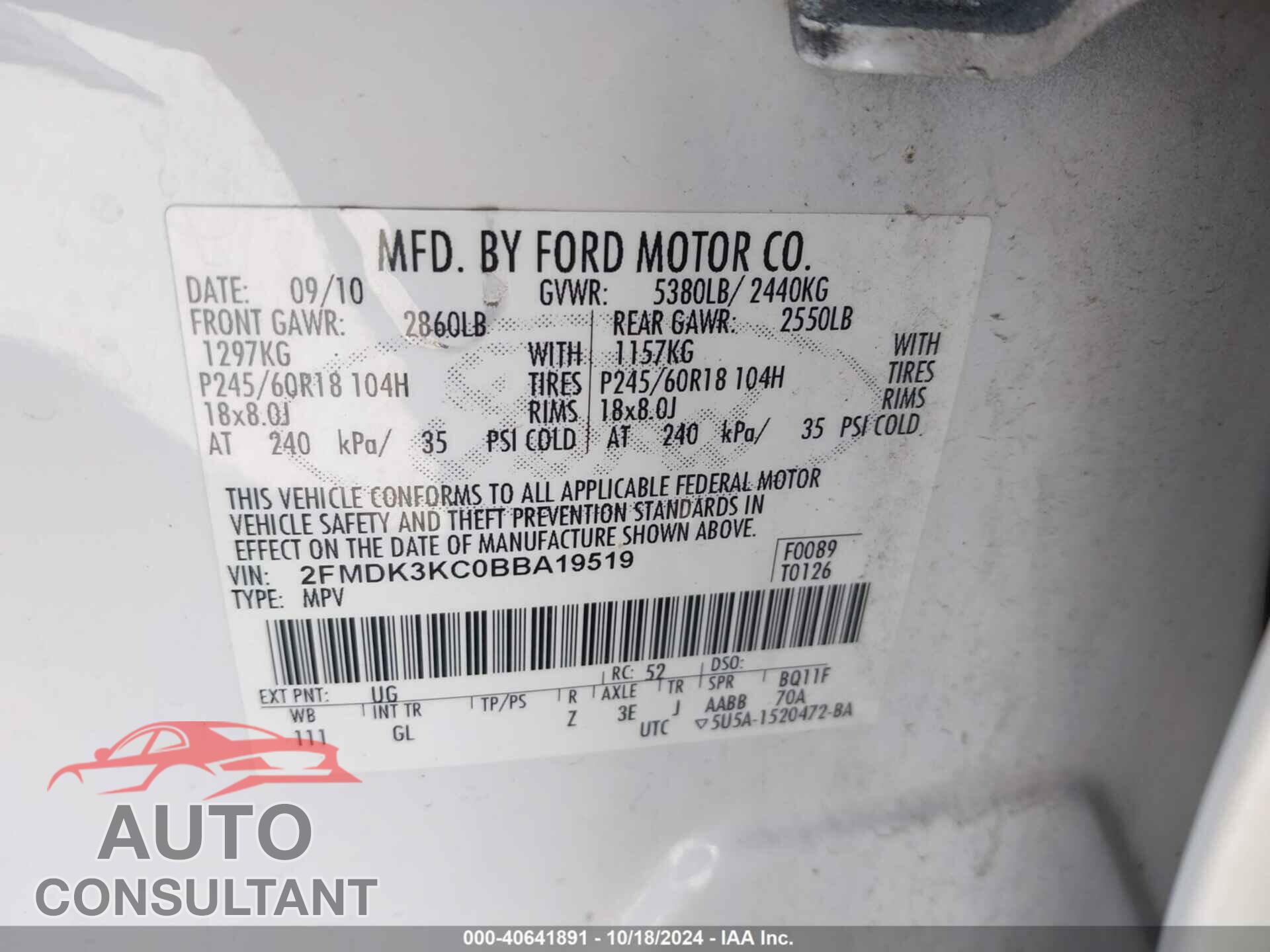 FORD EDGE 2011 - 2FMDK3KC0BBA19519