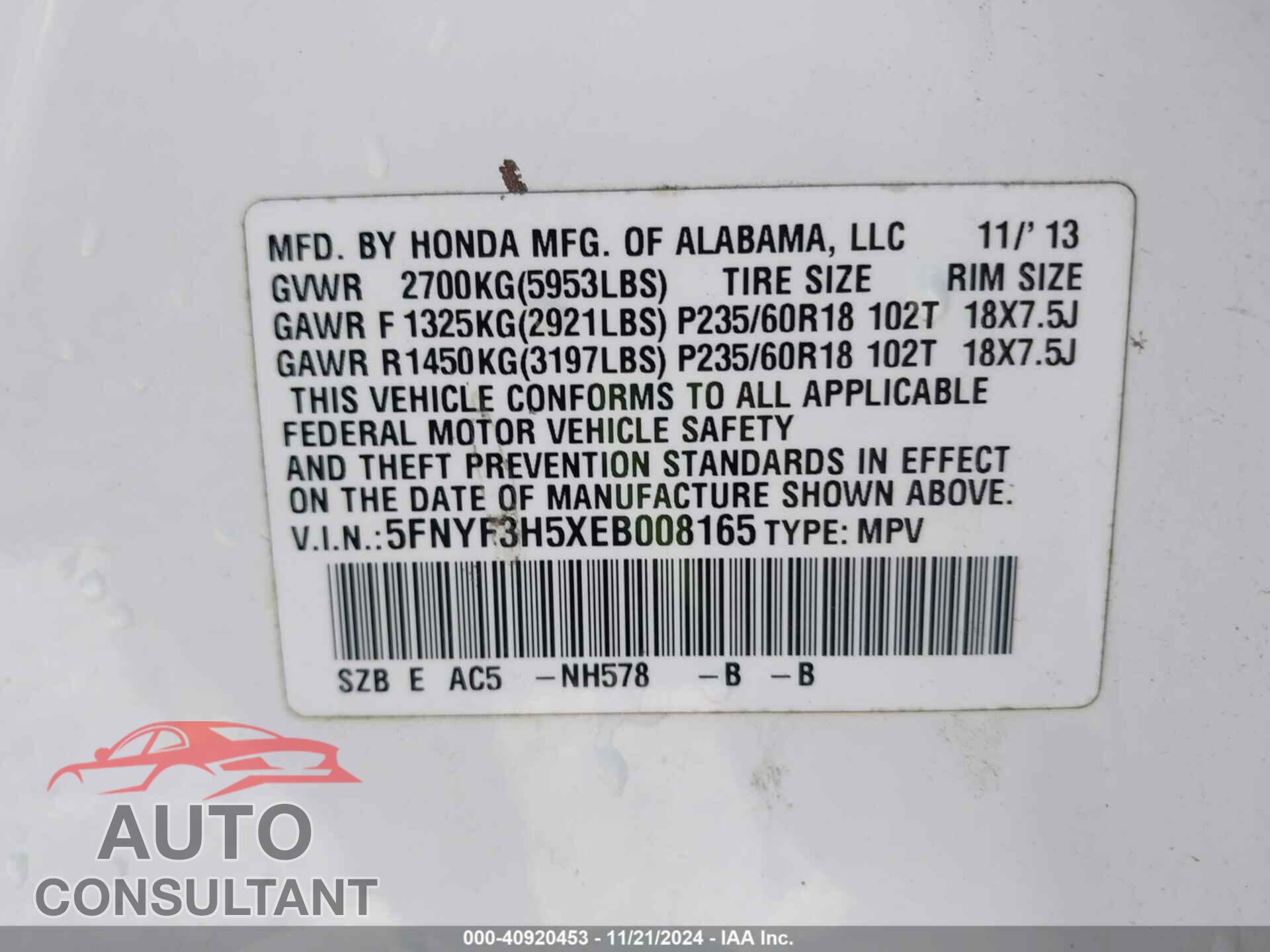 HONDA PILOT 2014 - 5FNYF3H5XEB008165