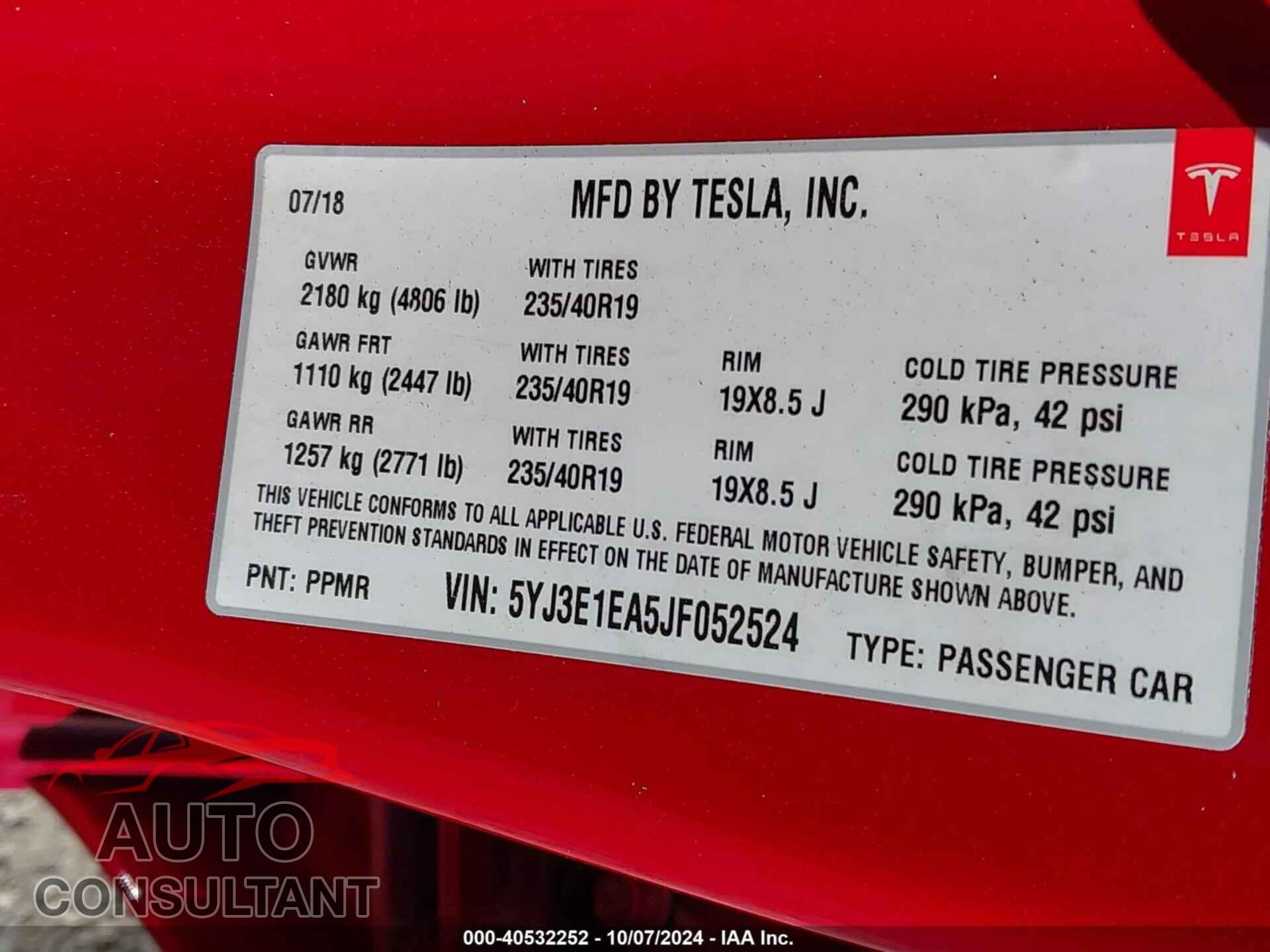 TESLA MODEL 3 2018 - 5YJ3E1EA5JF052524