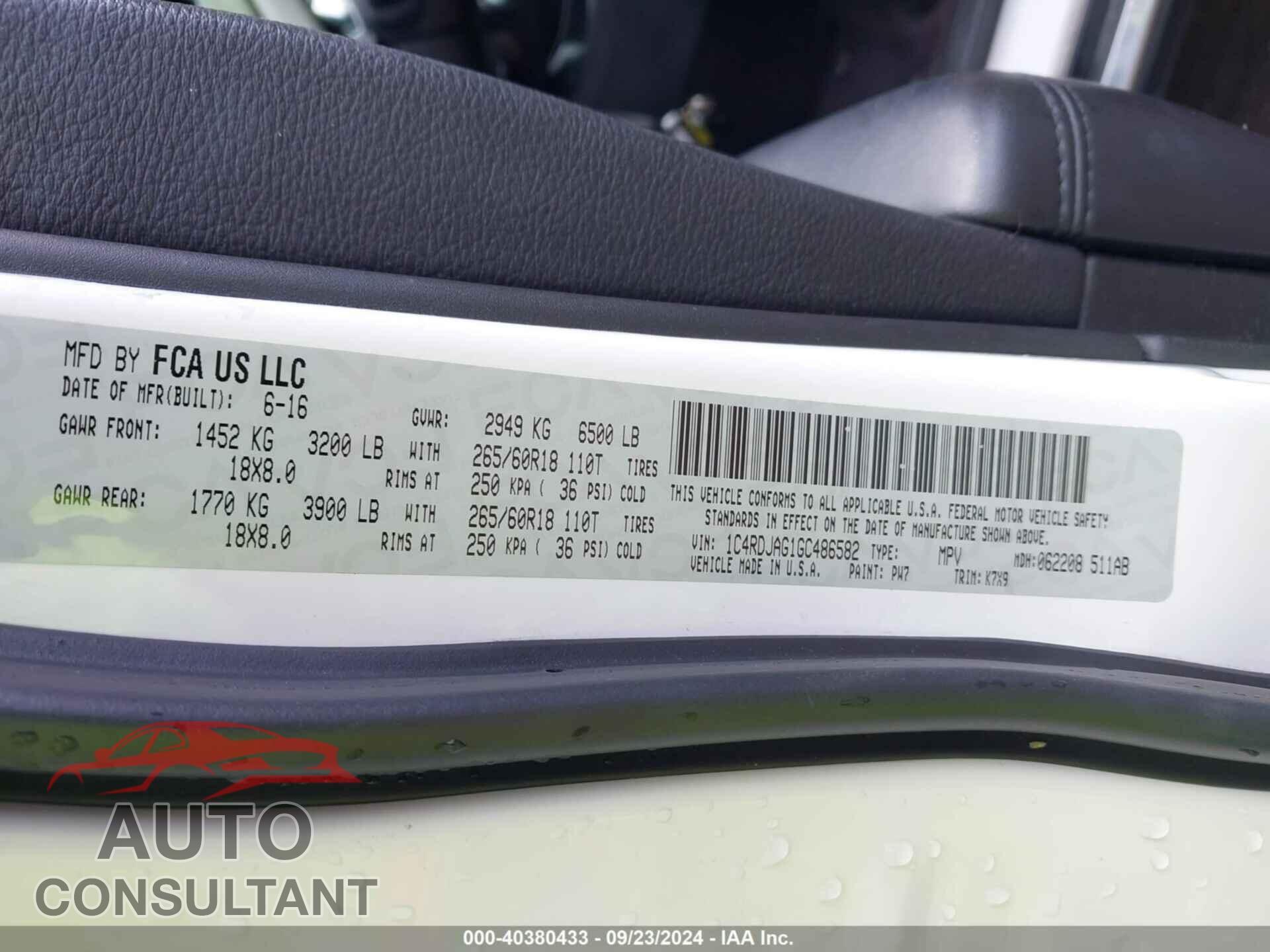 DODGE DURANGO 2016 - 1C4RDJAG1GC486582
