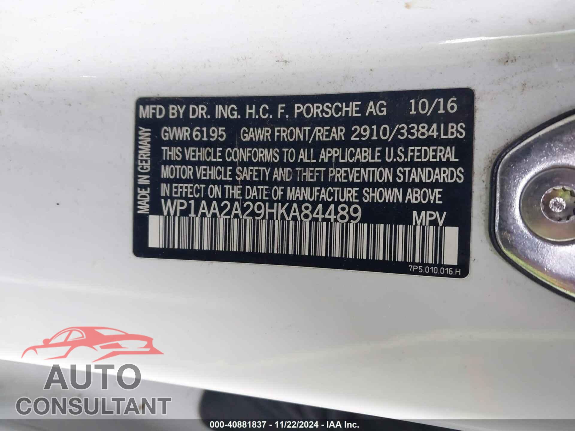PORSCHE CAYENNE 2017 - WP1AA2A29HKA84489
