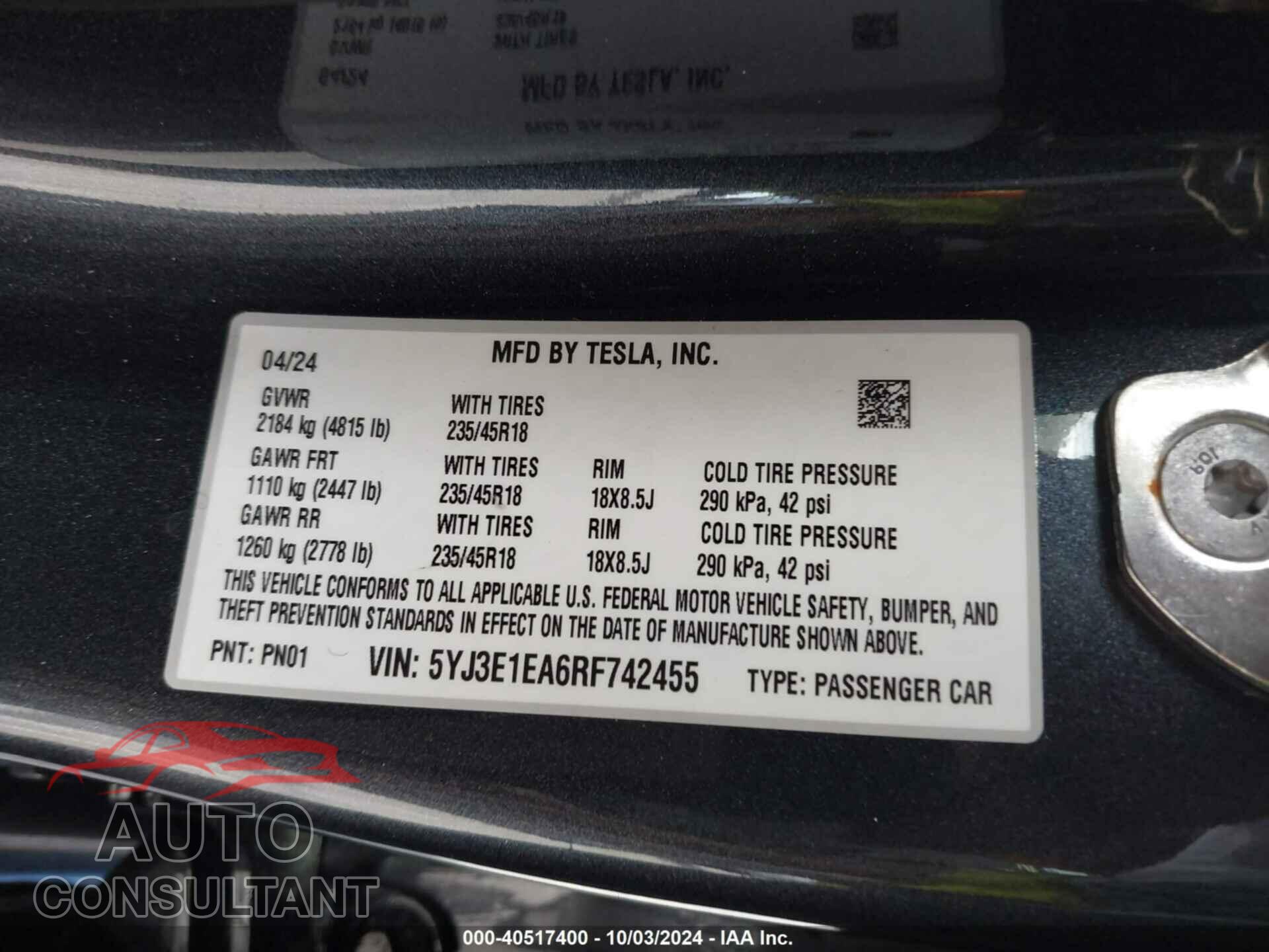 TESLA MODEL 3 2024 - 5YJ3E1EA6RF742455
