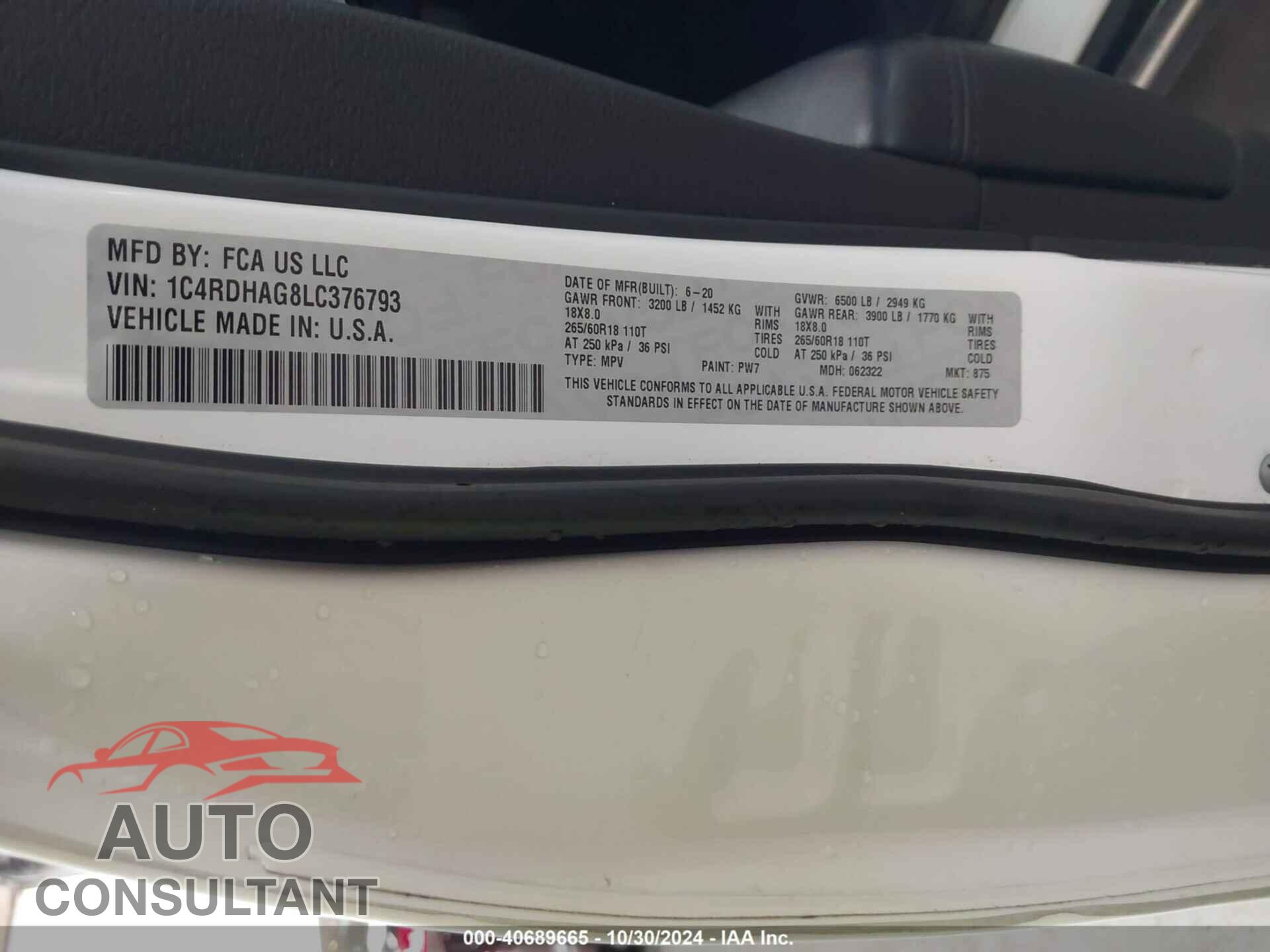 DODGE DURANGO 2020 - 1C4RDHAG8LC376793