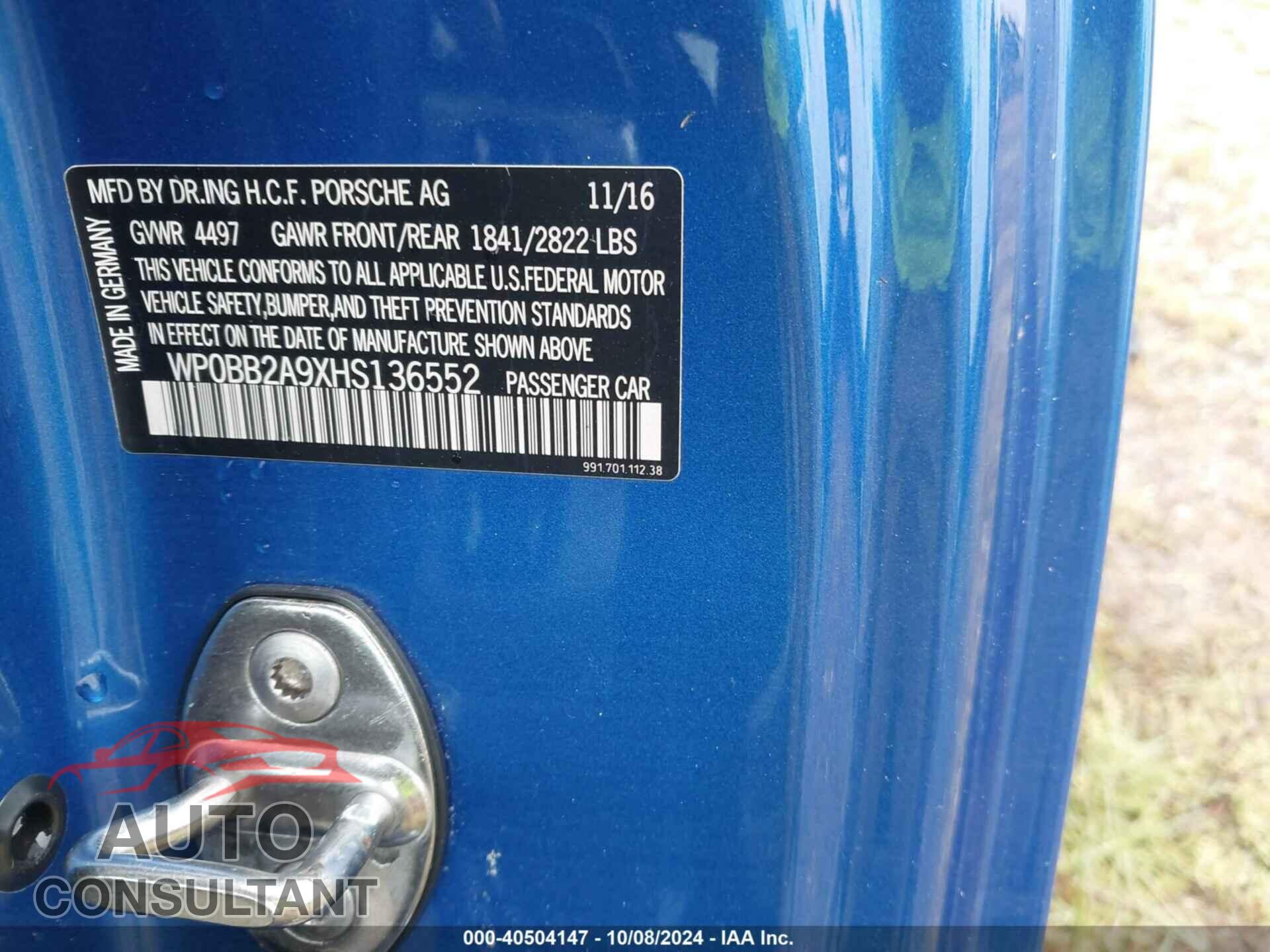 PORSCHE 911 2017 - WP0BB2A9XHS136552