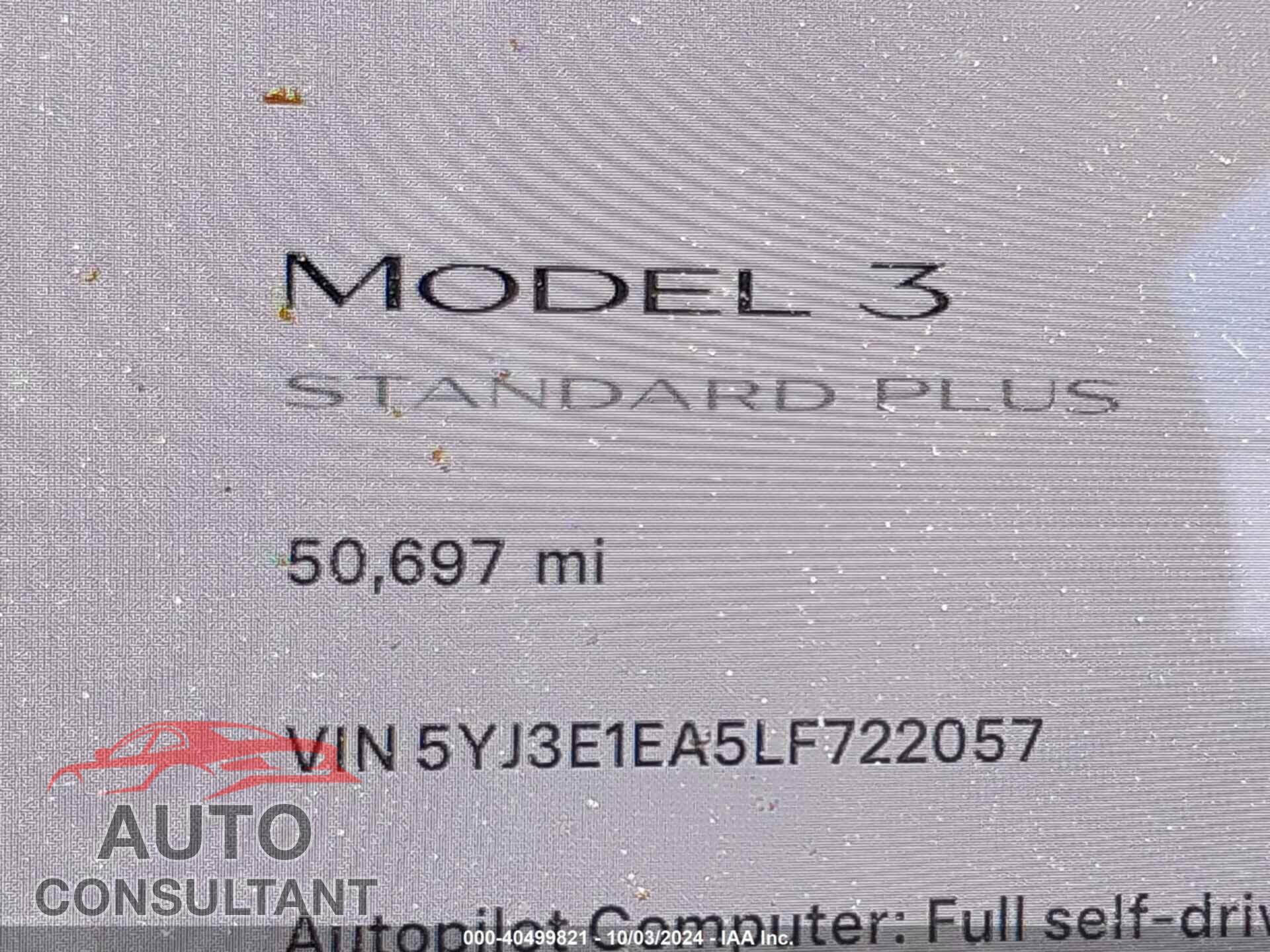 TESLA MODEL 3 2020 - 5YJ3E1EA5LF722057