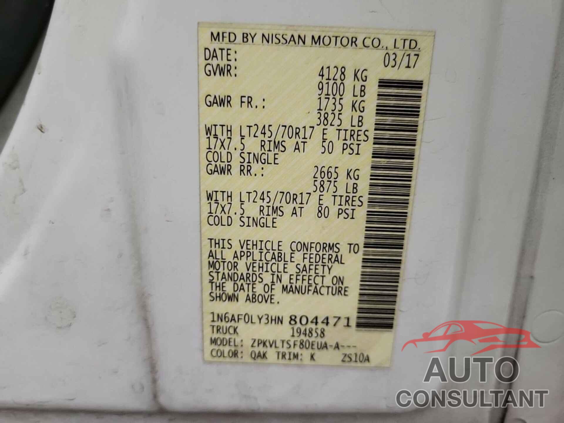 NISSAN NV 2017 - 1N6AF0LY3HN804471