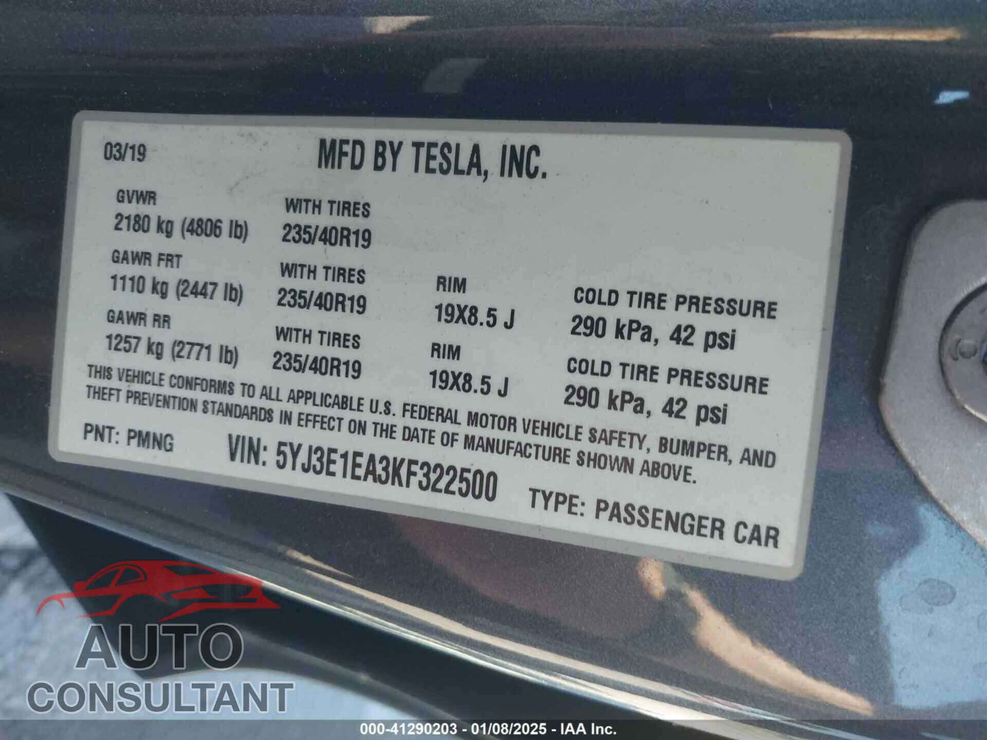 TESLA MODEL 3 2019 - 5YJ3E1EA3KF322500