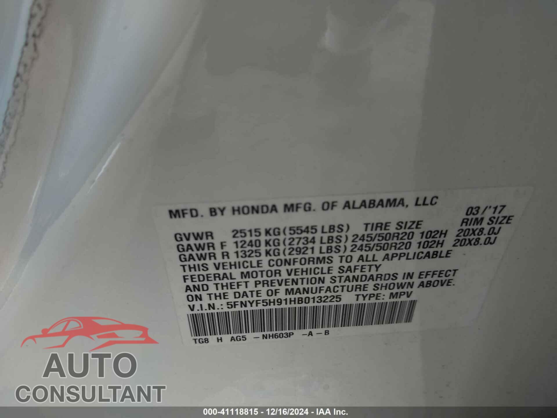 HONDA PILOT 2017 - 5FNYF5H91HB013225