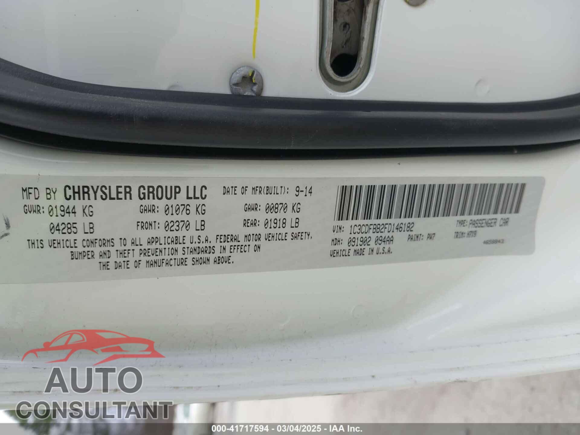DODGE DART 2015 - 1C3CDFBB2FD146182