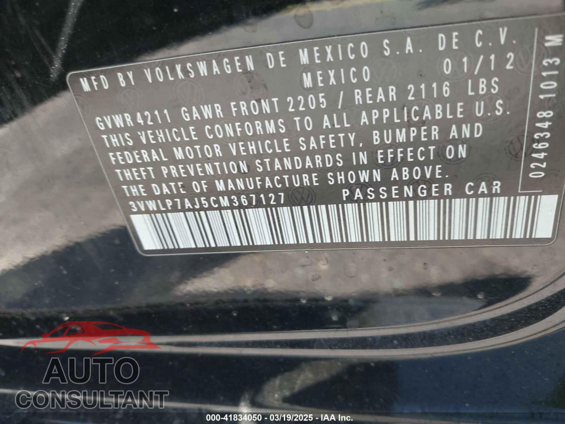 VOLKSWAGEN JETTA 2012 - 3VWLP7AJ5CM367127