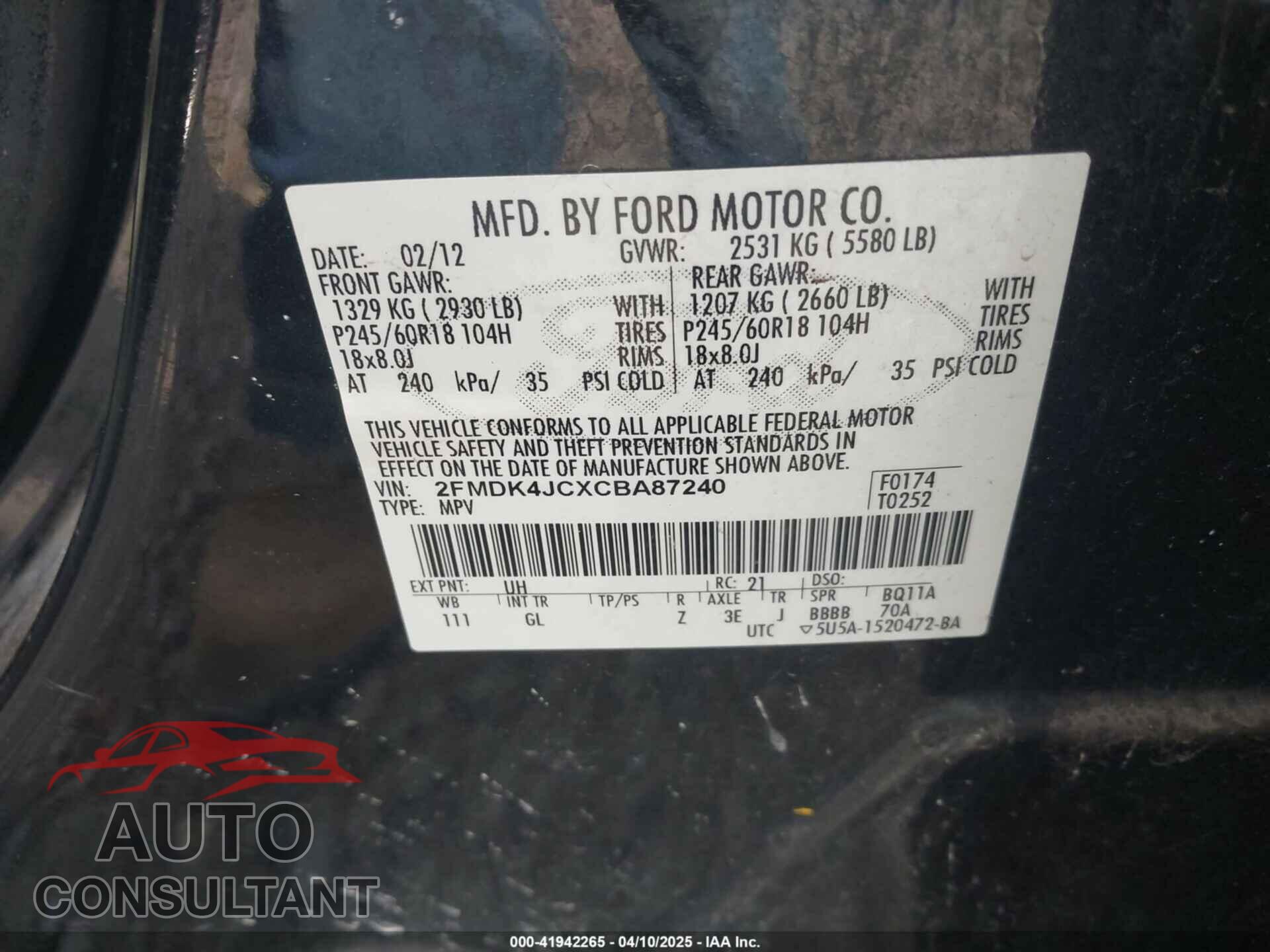 FORD EDGE 2012 - 2FMDK4JCXCBA87240