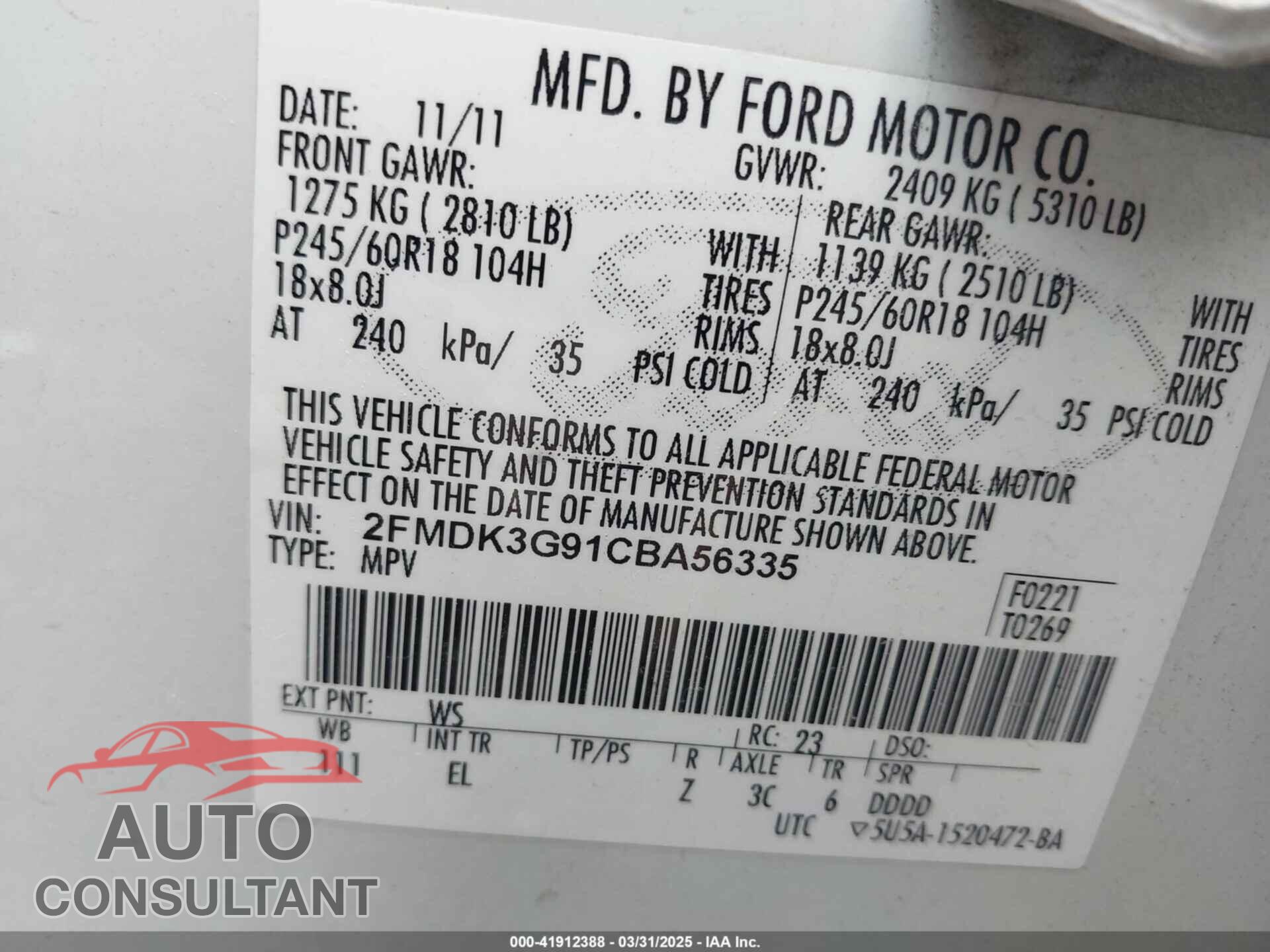 FORD EDGE 2012 - 2FMDK3G91CBA56335