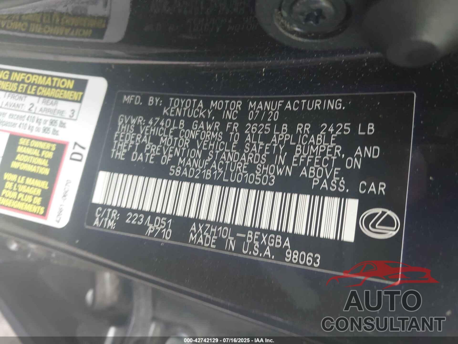 LEXUS ES 2020 - 58AD21B17LU010503
