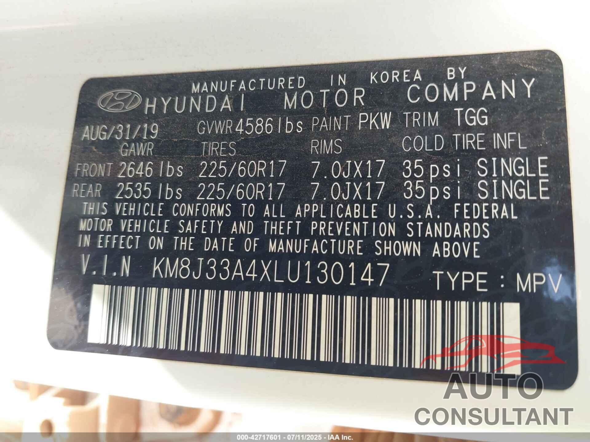 HYUNDAI TUCSON 2020 - KM8J33A4XLU130147