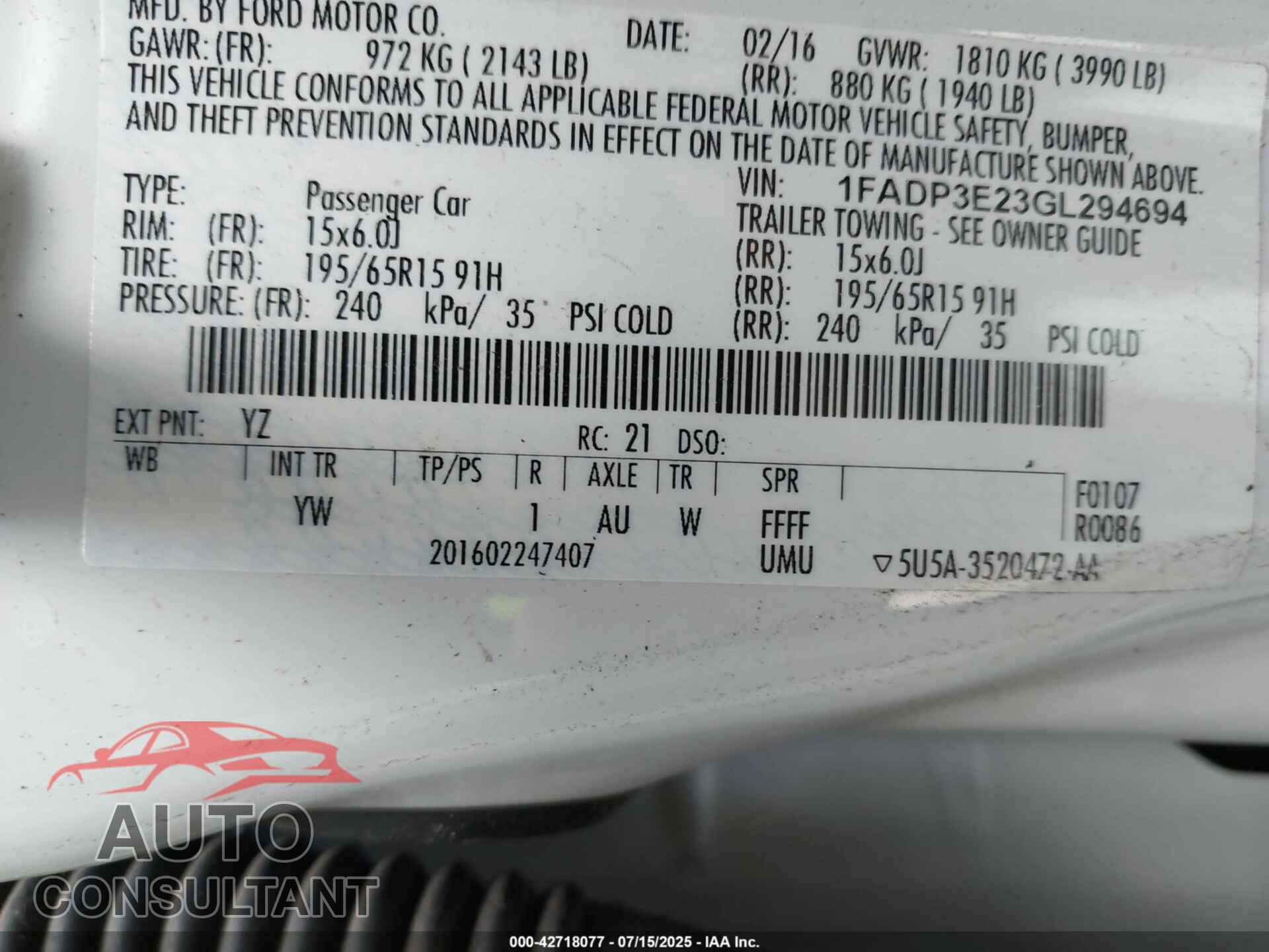 FORD FOCUS 2016 - 1FADP3E23GL294694
