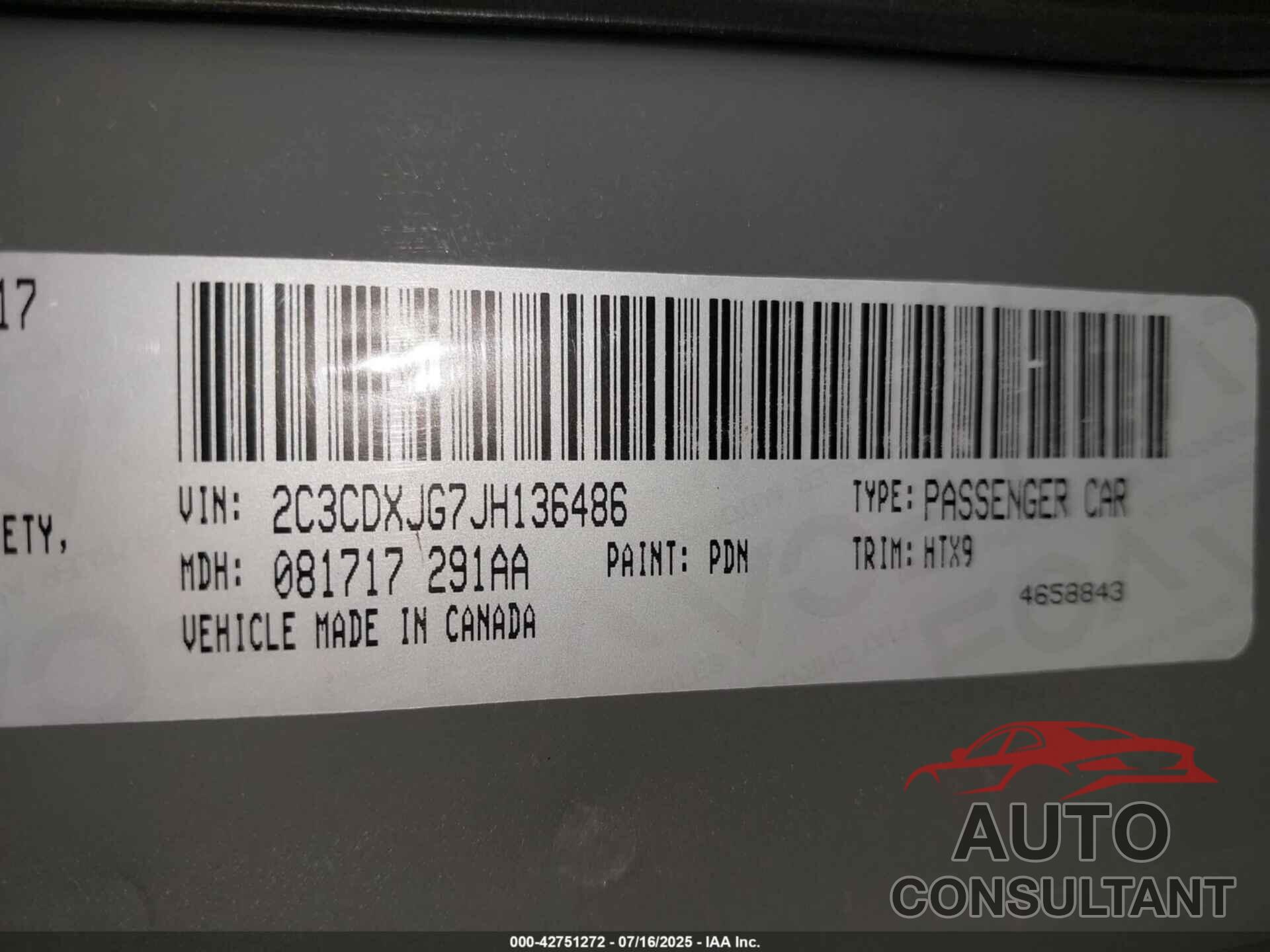 DODGE CHARGER 2018 - 2C3CDXJG7JH136486