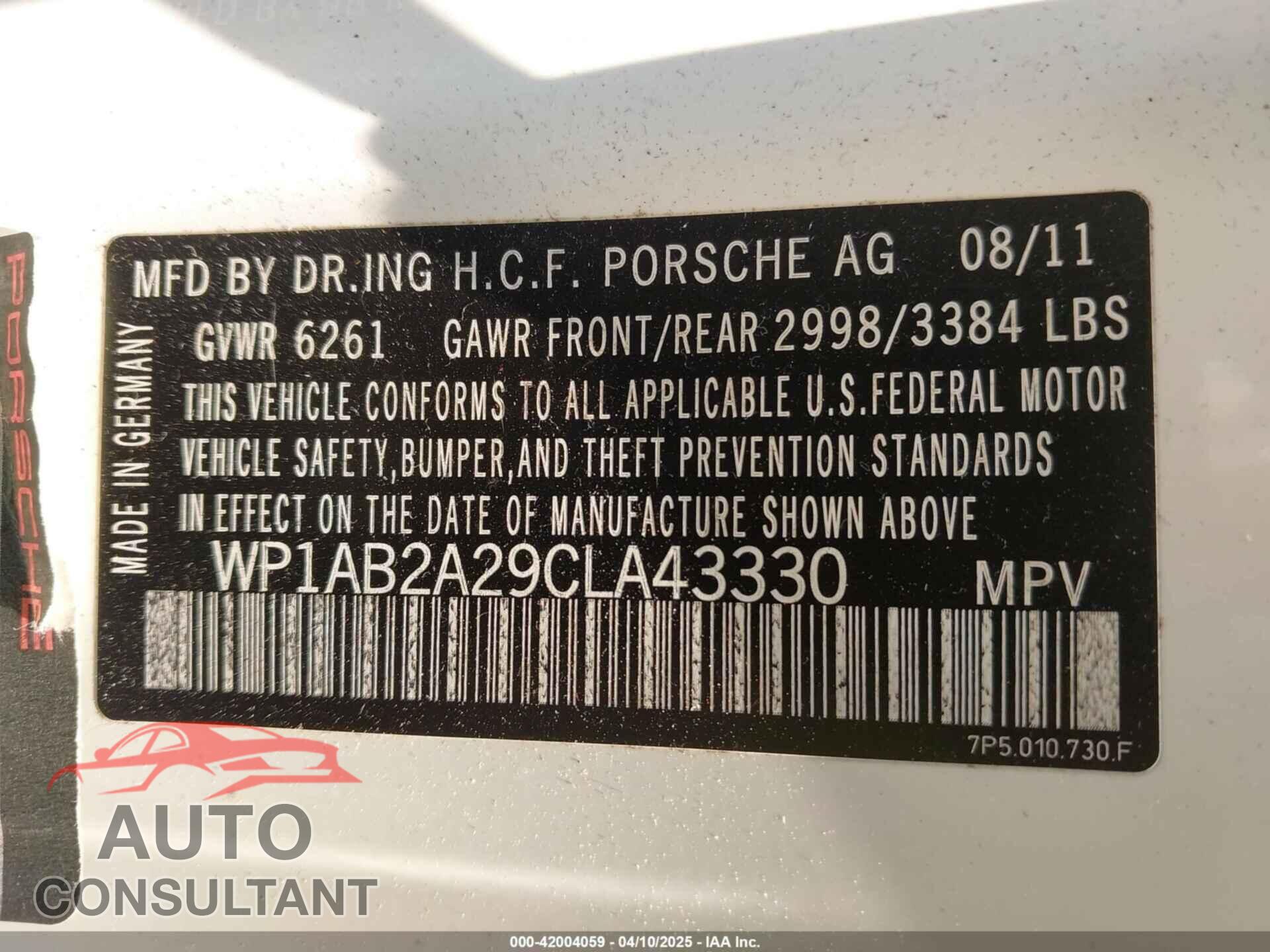 PORSCHE CAYENNE 2012 - WP1AB2A29CLA43330