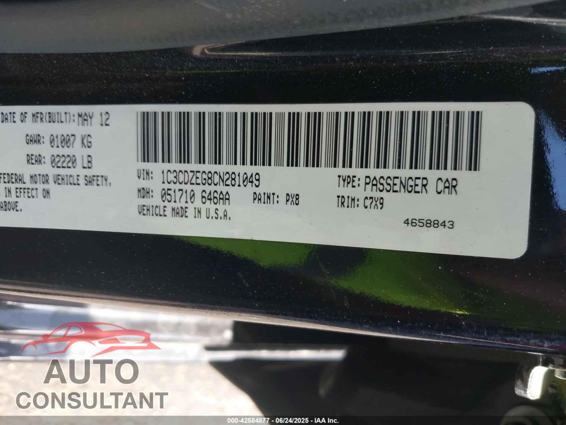 DODGE AVENGER 2012 - 1C3CDZEG8CN281049