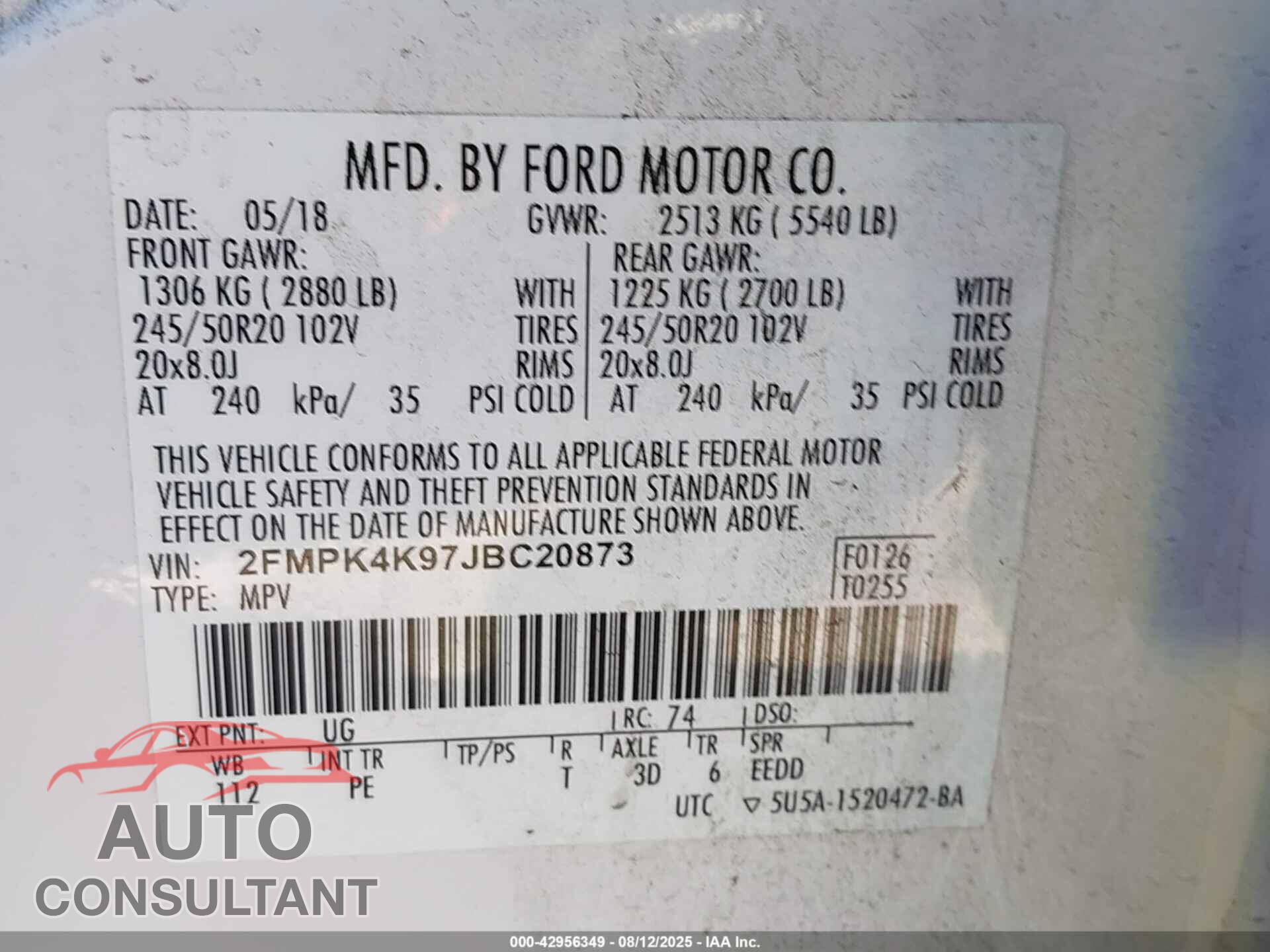 FORD EDGE 2018 - 2FMPK4K97JBC20873