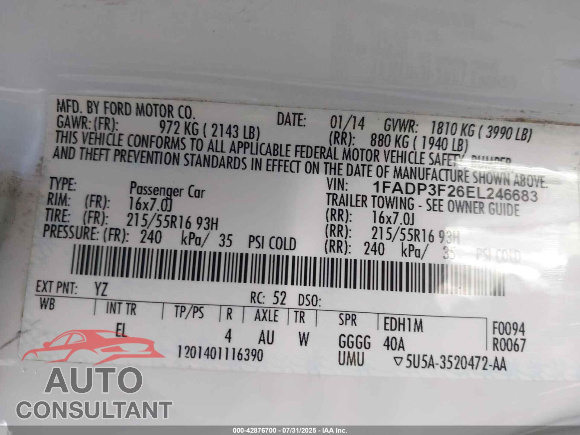 FORD FOCUS 2014 - 1FADP3F26EL246683