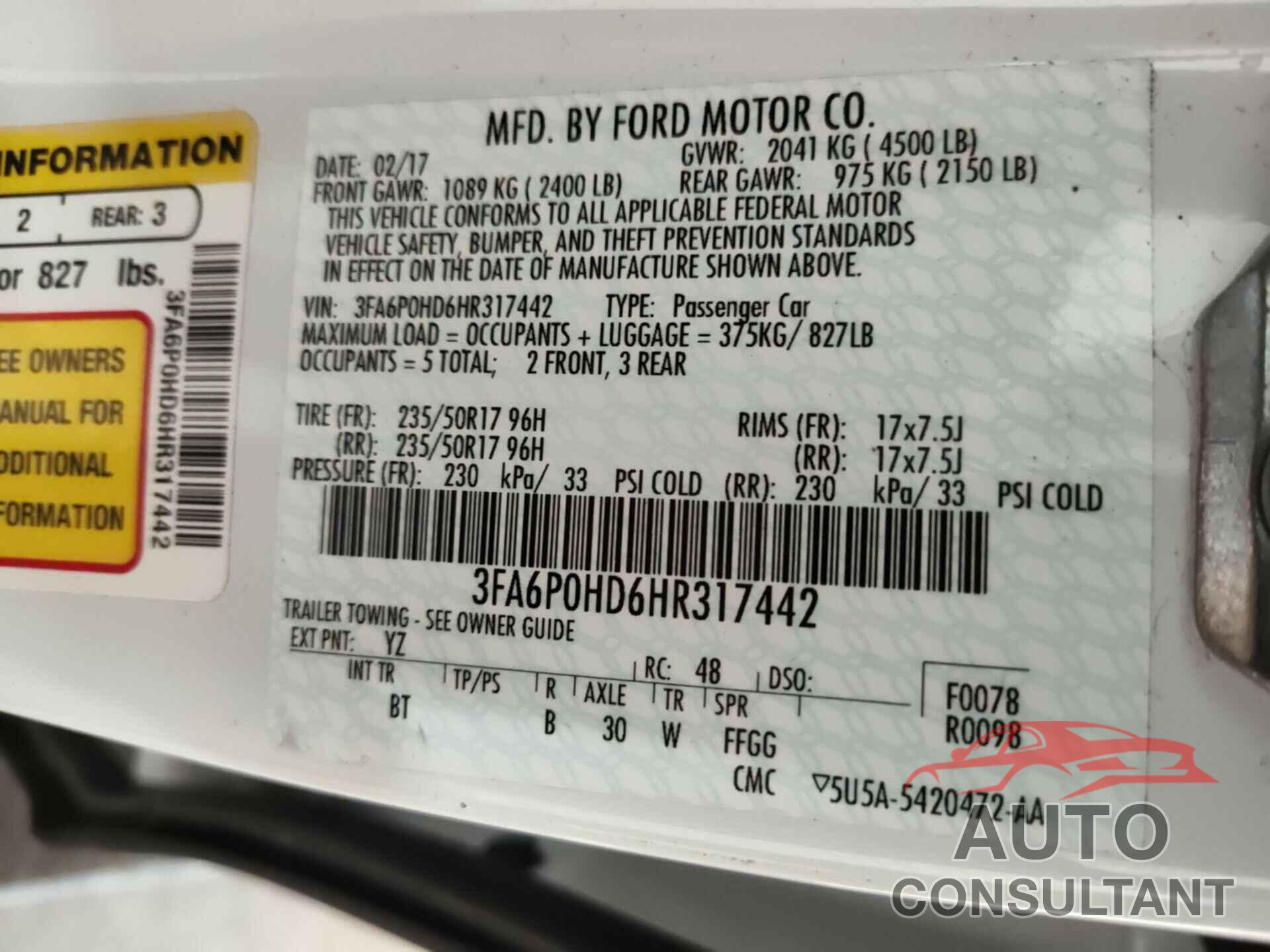 FORD FUSION 2017 - 3FA6P0HD6HR317442