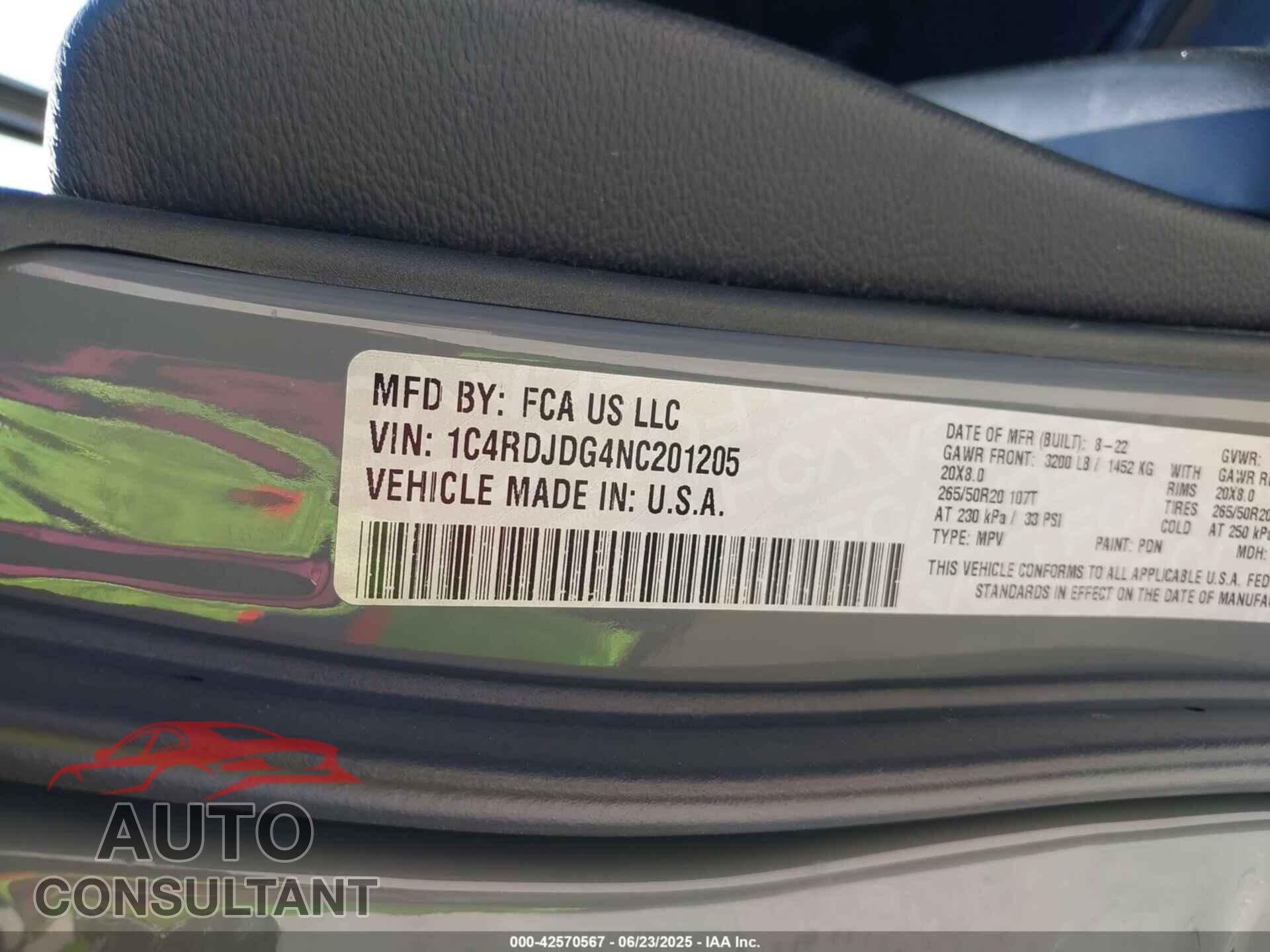 DODGE DURANGO 2022 - 1C4RDJDG4NC201205