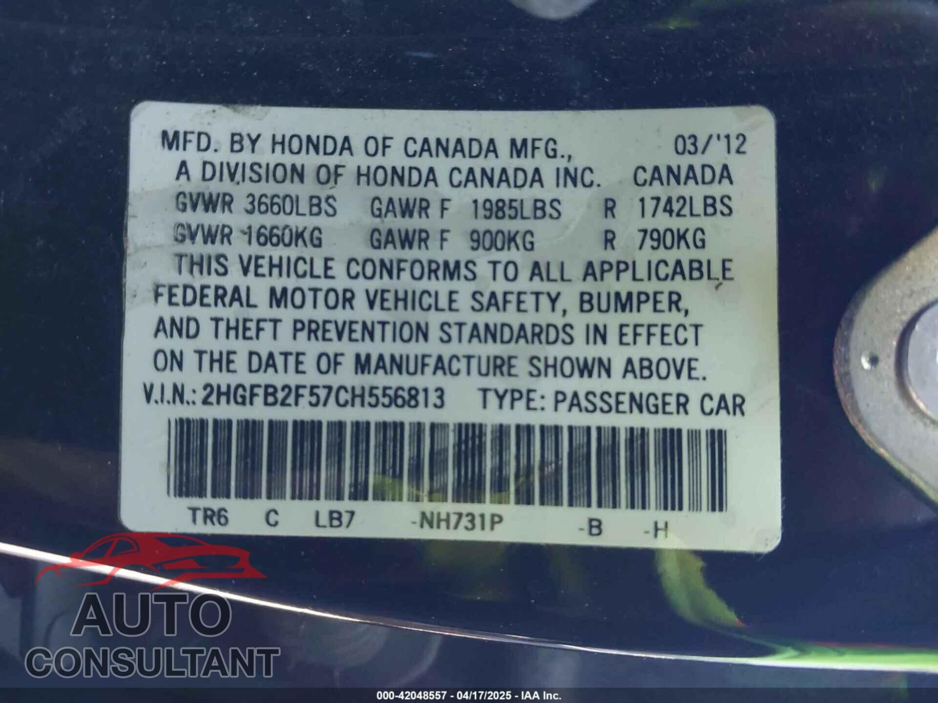 HONDA CIVIC 2012 - 2HGFB2F57CH556813