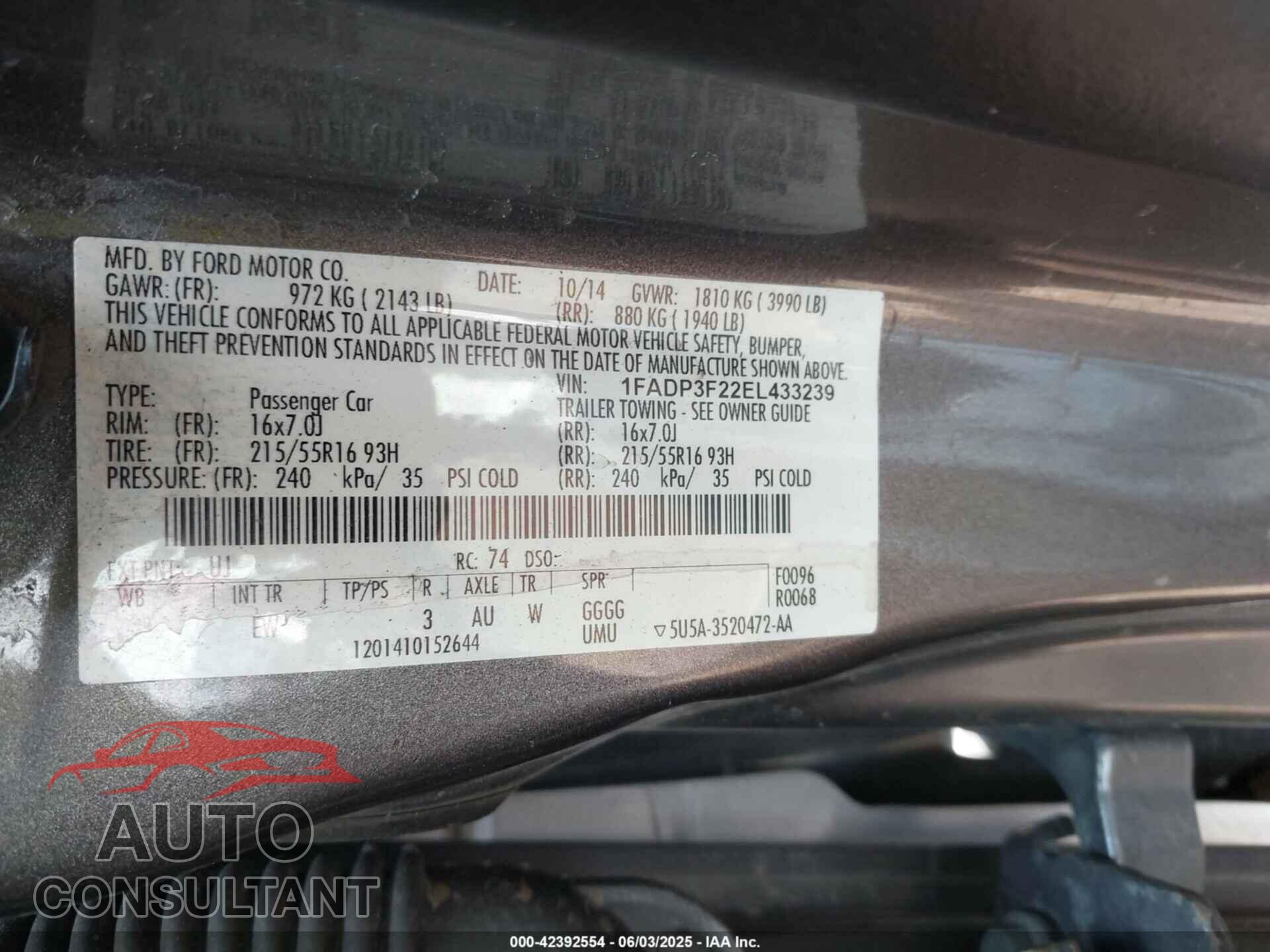 FORD FOCUS 2014 - 1FADP3F22EL433239
