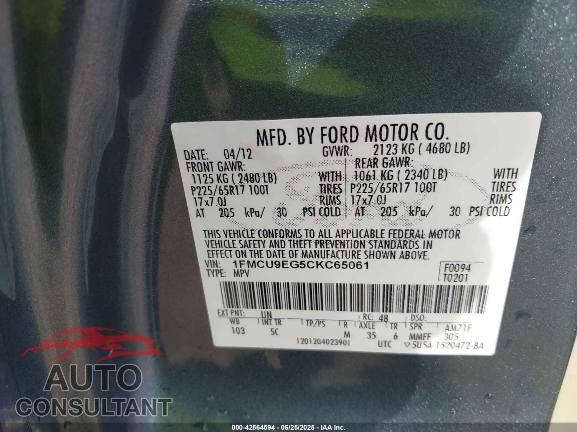 FORD ESCAPE 2012 - 1FMCU9EG5CKC65061
