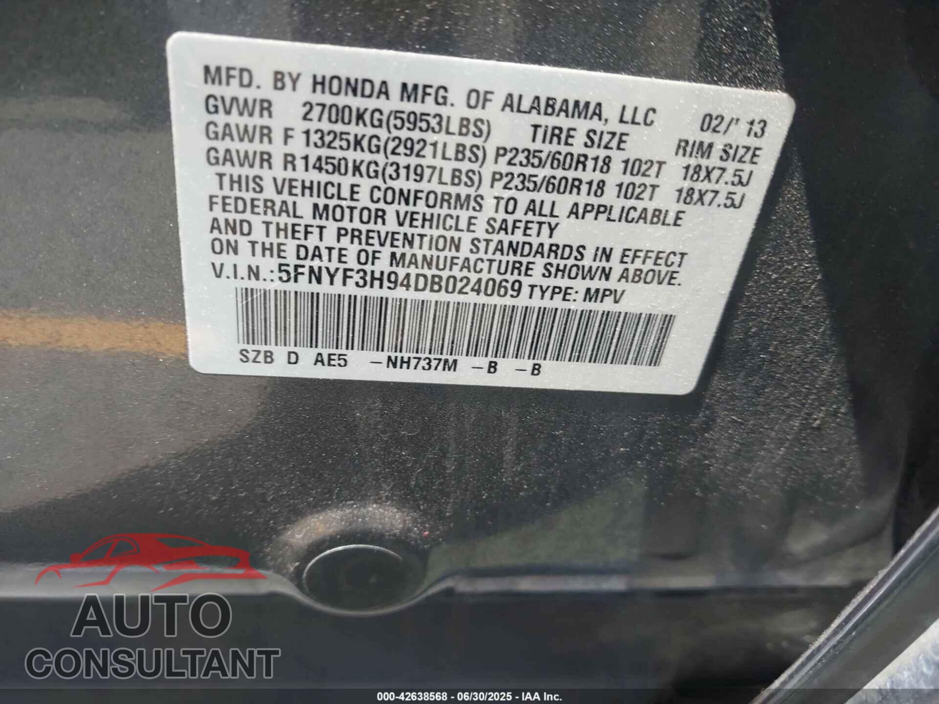 HONDA PILOT 2013 - 5FNYF3H94DB024069