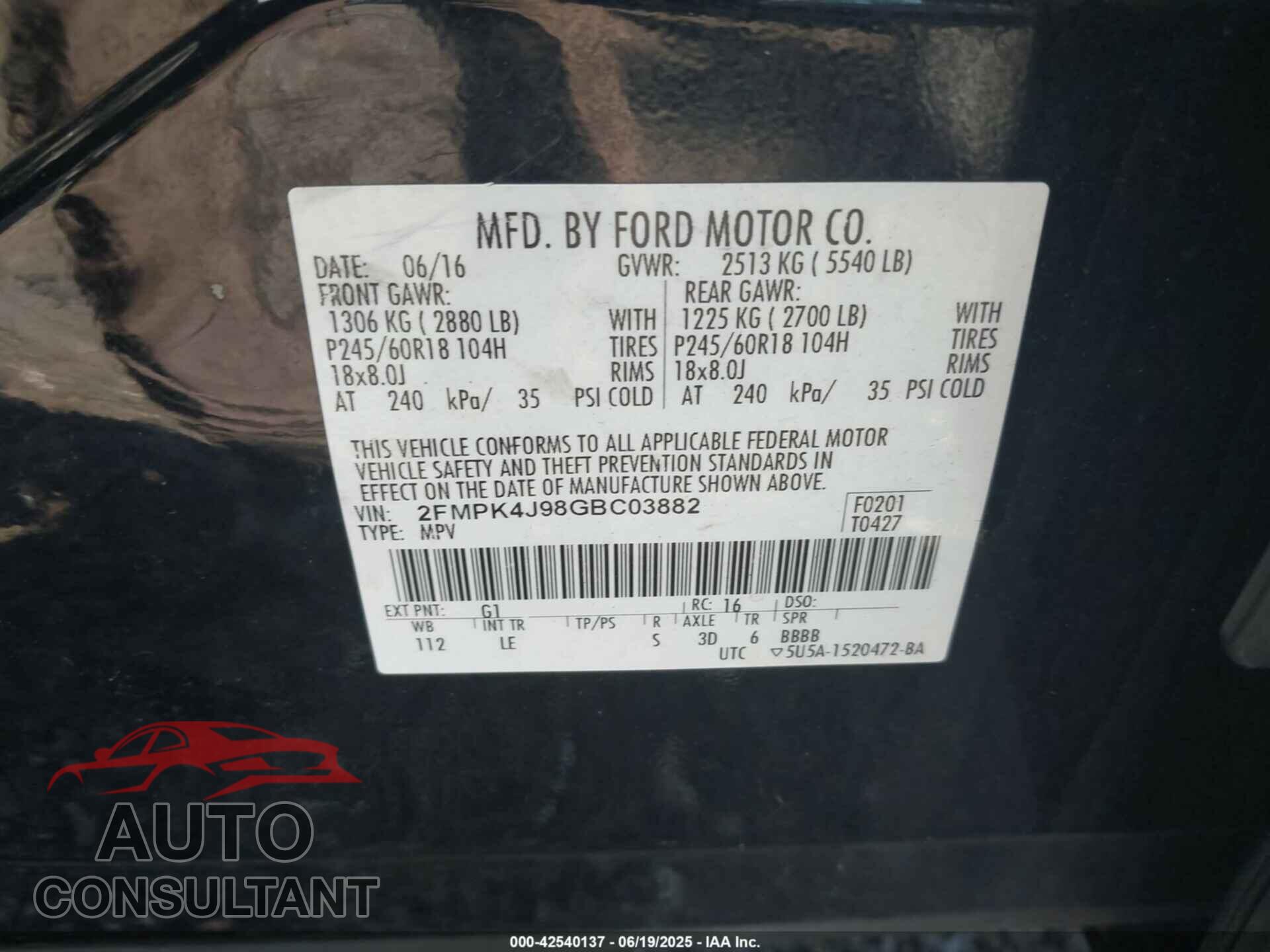 FORD EDGE 2016 - 2FMPK4J98GBC03882