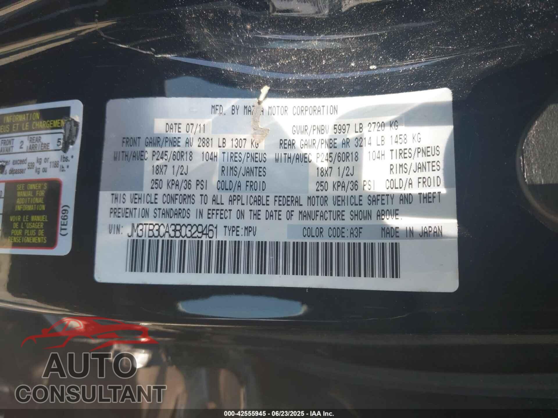 MAZDA CX-9 2011 - JM3TB3CA3B0329461