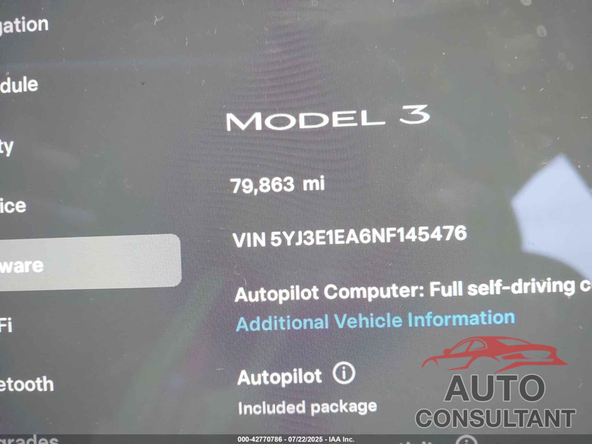 TESLA MODEL 3 2022 - 5YJ3E1EA6NF145476