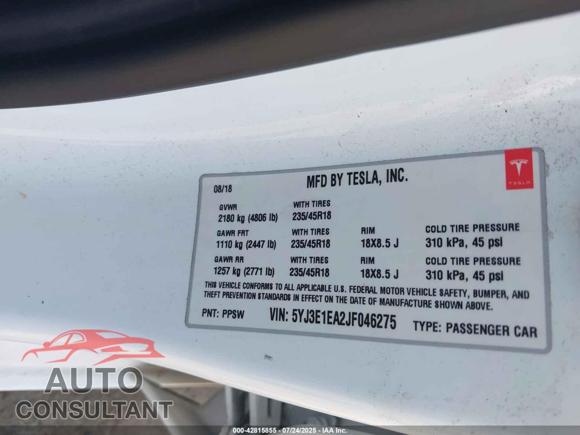 TESLA MODEL 3 2018 - 5YJ3E1EA2JF046275