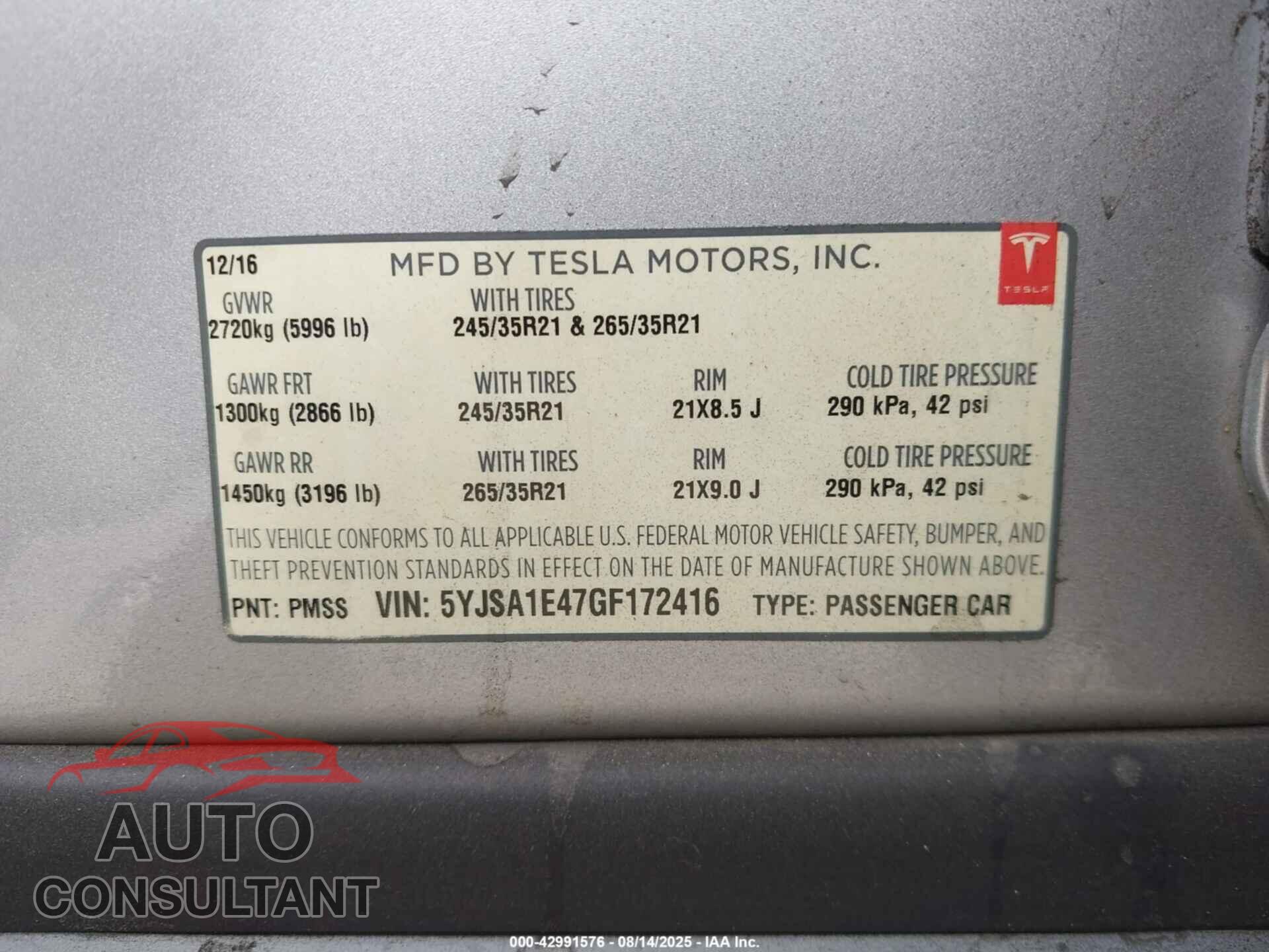 TESLA MODEL S 2016 - 5YJSA1E47GF172416