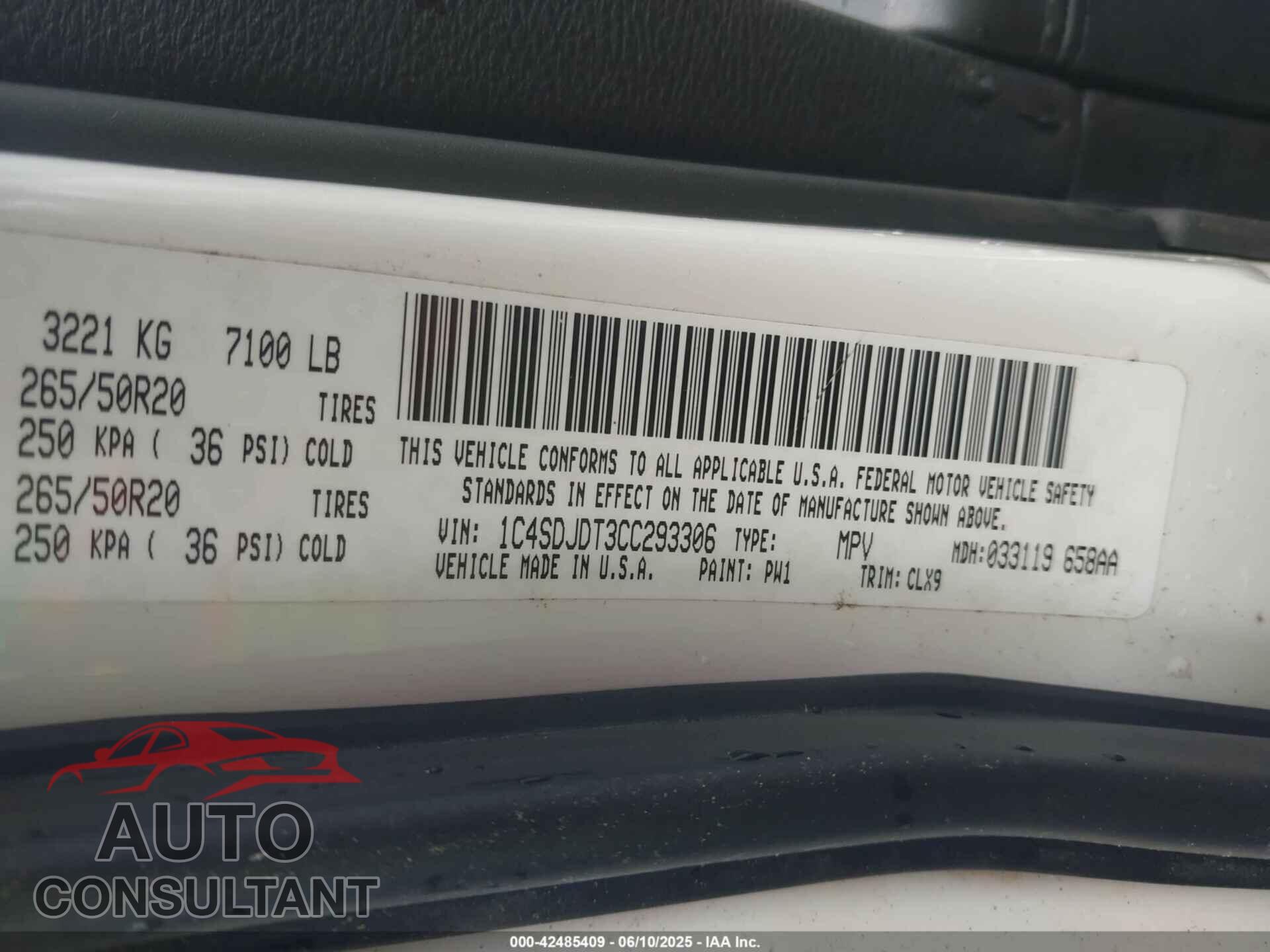 DODGE DURANGO 2012 - 1C4SDJDT3CC293306