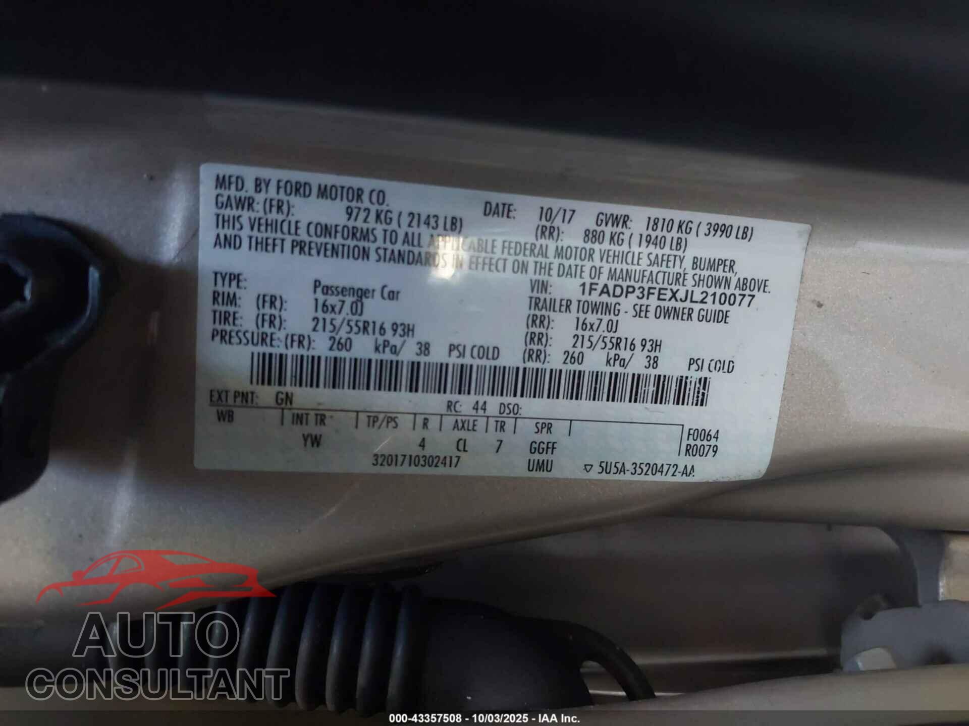 FORD FOCUS 2018 - 1FADP3FEXJL210077