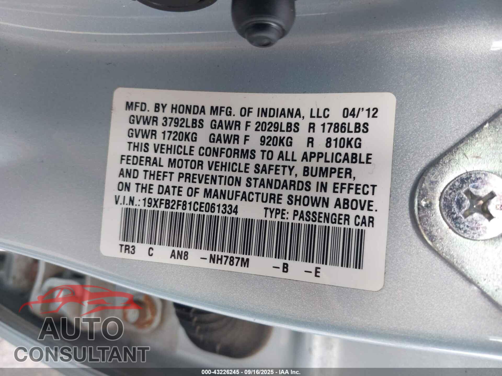 HONDA CIVIC 2012 - 19XFB2F81CE061334