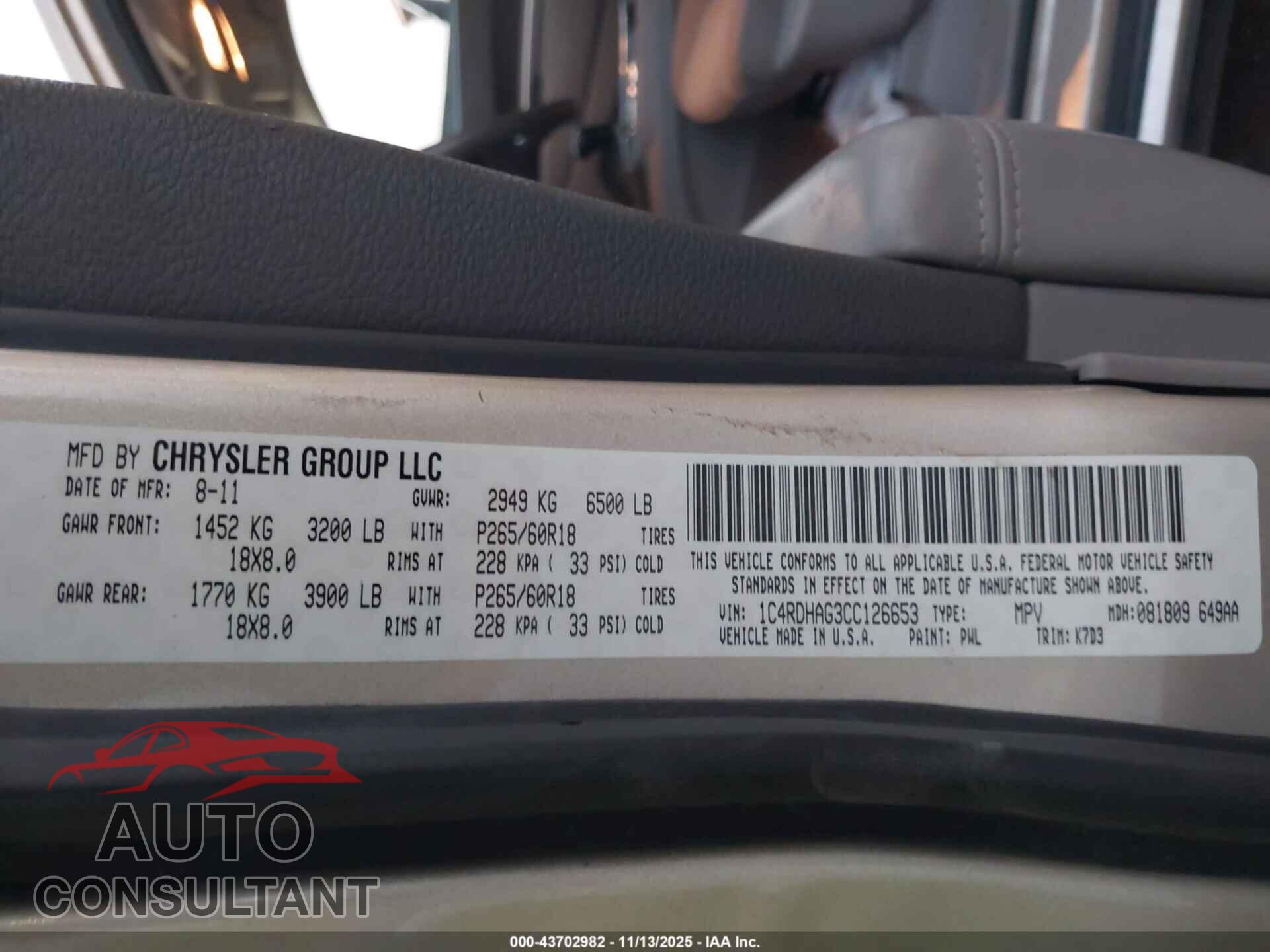 DODGE DURANGO 2012 - 1C4RDHAG3CC126653