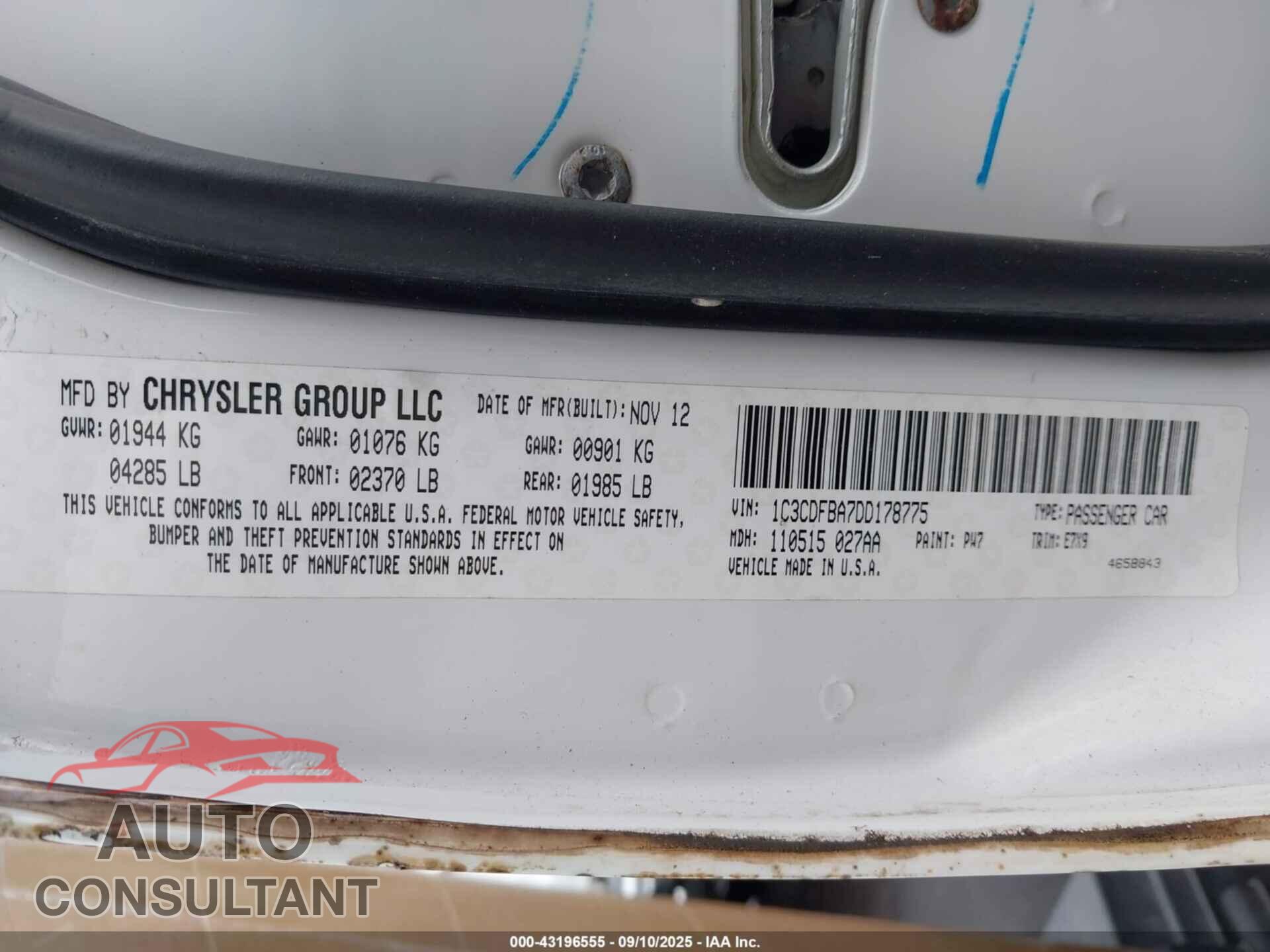 DODGE DART 2013 - 1C3CDFBA7DD178775