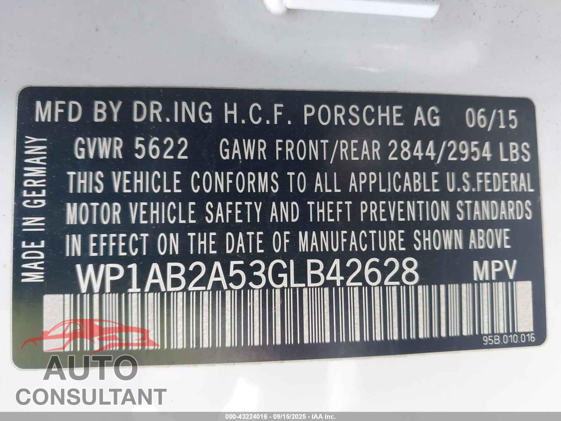 PORSCHE MACAN 2016 - WP1AB2A53GLB42628
