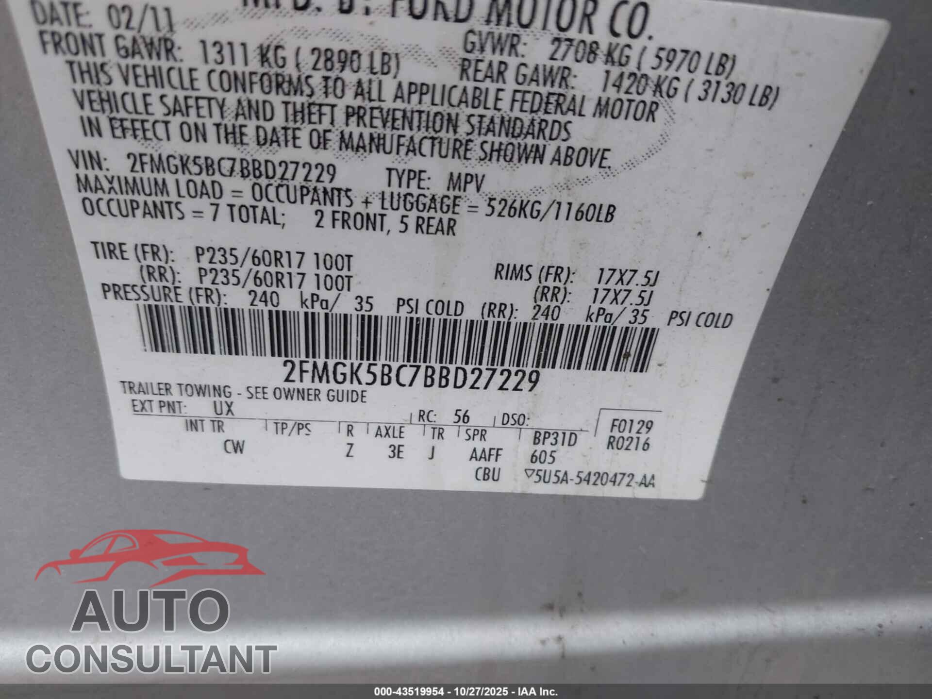 FORD FLEX 2011 - 2FMGK5BC7BBD27229