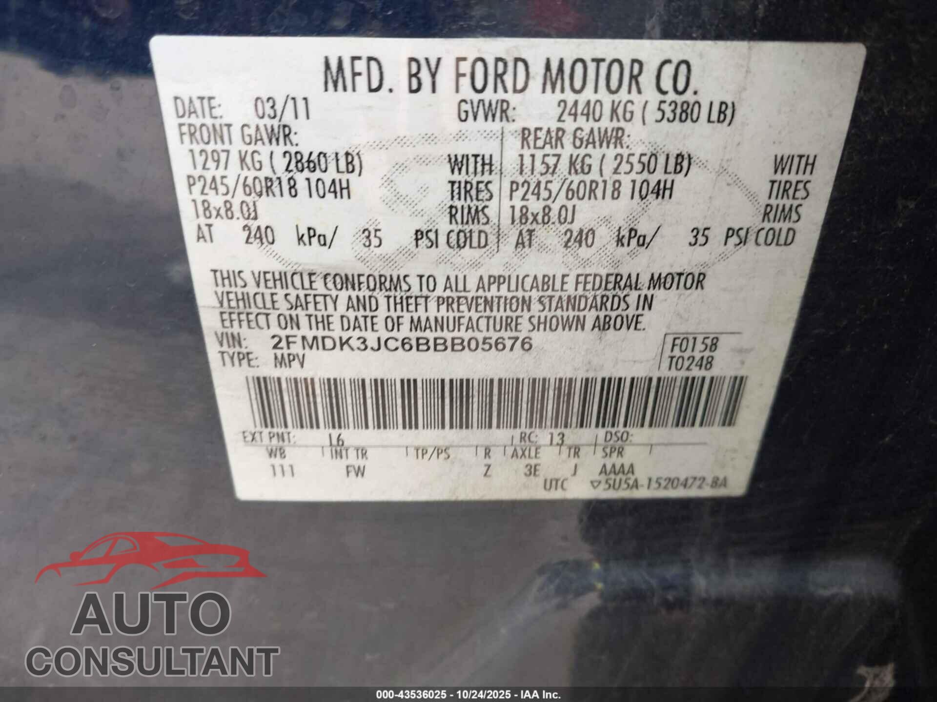 FORD EDGE 2011 - 2FMDK3JC6BBB05676
