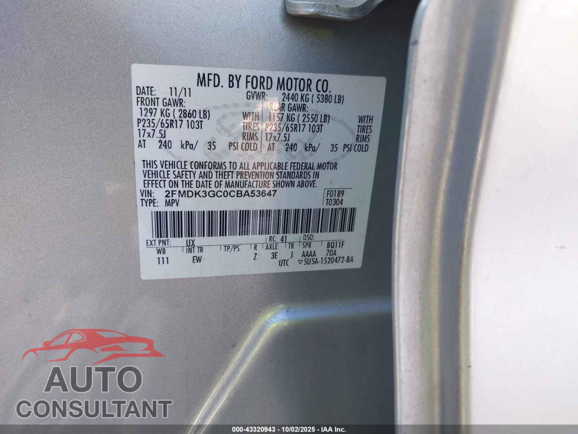FORD EDGE 2012 - 2FMDK3GC0CBA53647