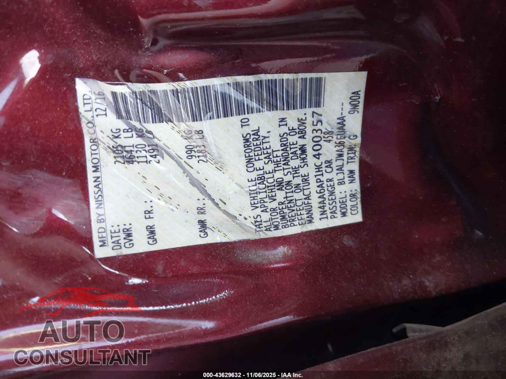 NISSAN MAXIMA 2017 - 1N4AA6AP1HC400357