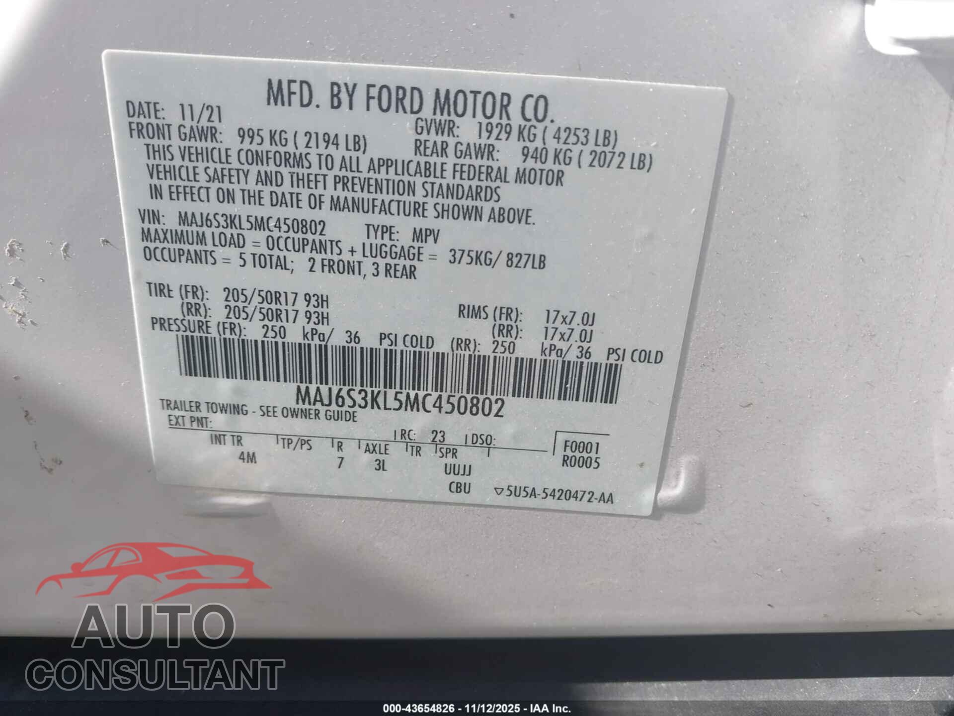 FORD ECOSPORT 2021 - MAJ6S3KL5MC450802