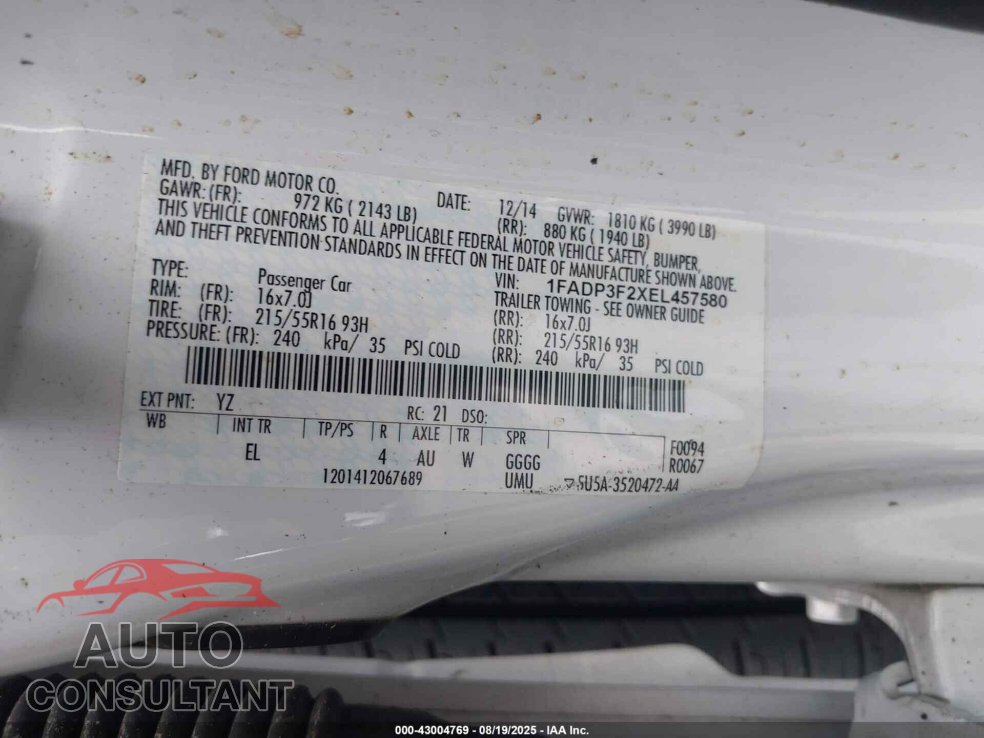 FORD FOCUS 2014 - 1FADP3F2XEL457580