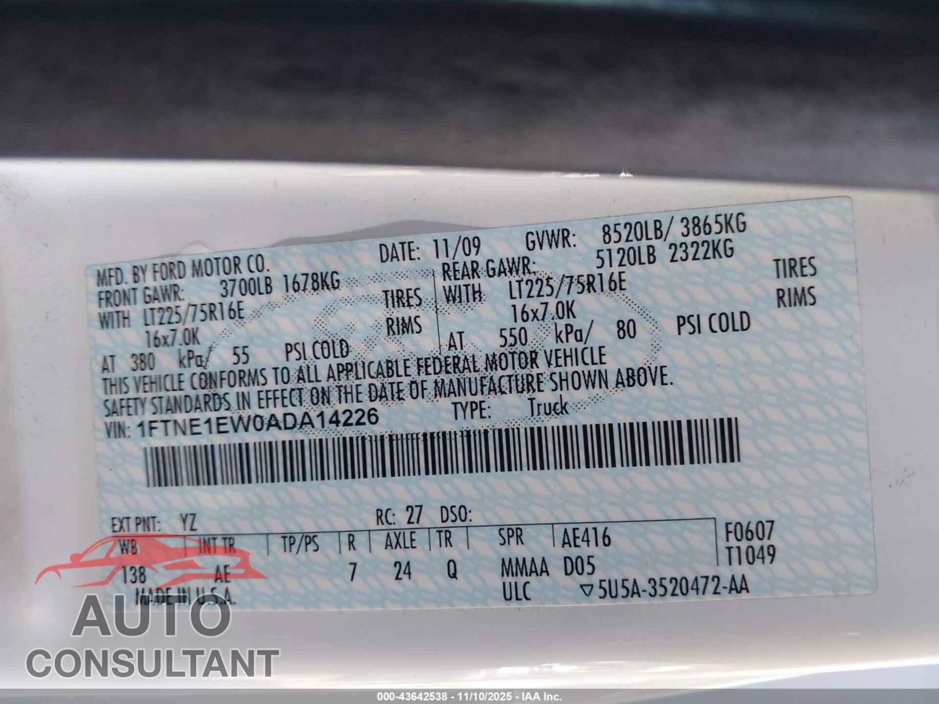 FORD E-150 2010 - 1FTNE1EW0ADA14226