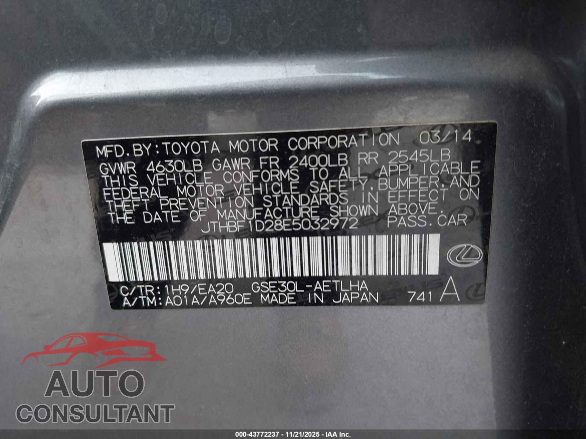 LEXUS IS 250 2014 - JTHBF1D28E5032972